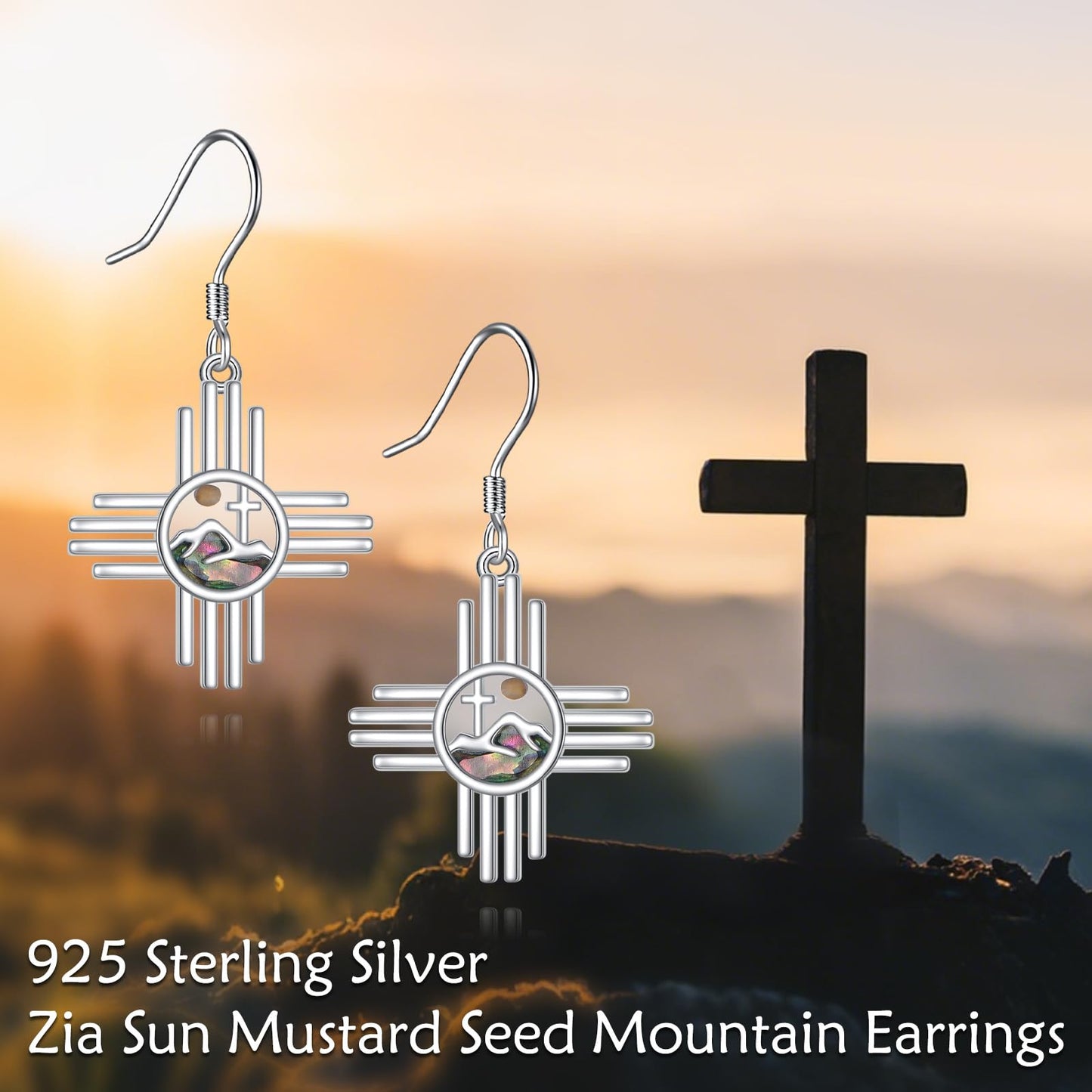 AOBOCO Zia Sun Symbol Earrings for Women Sterling Silver Mustard Seed Dangle Earrings Cross Christian Jewelry Gifts for Mom (Zia Sun Earrings)