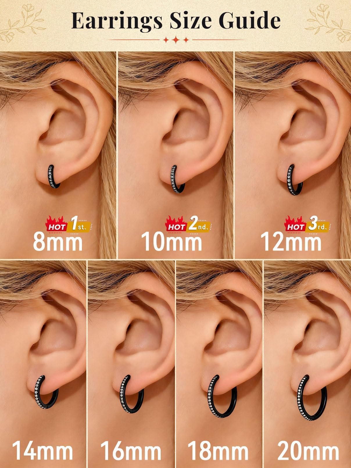 FaithHeart Cubic Zirconia Hoop Earrings for Women, Black Hypoallergenic Huggie Hoop Earrings, Small Cartilage Earrings for Women 8mm, Send Gift Box