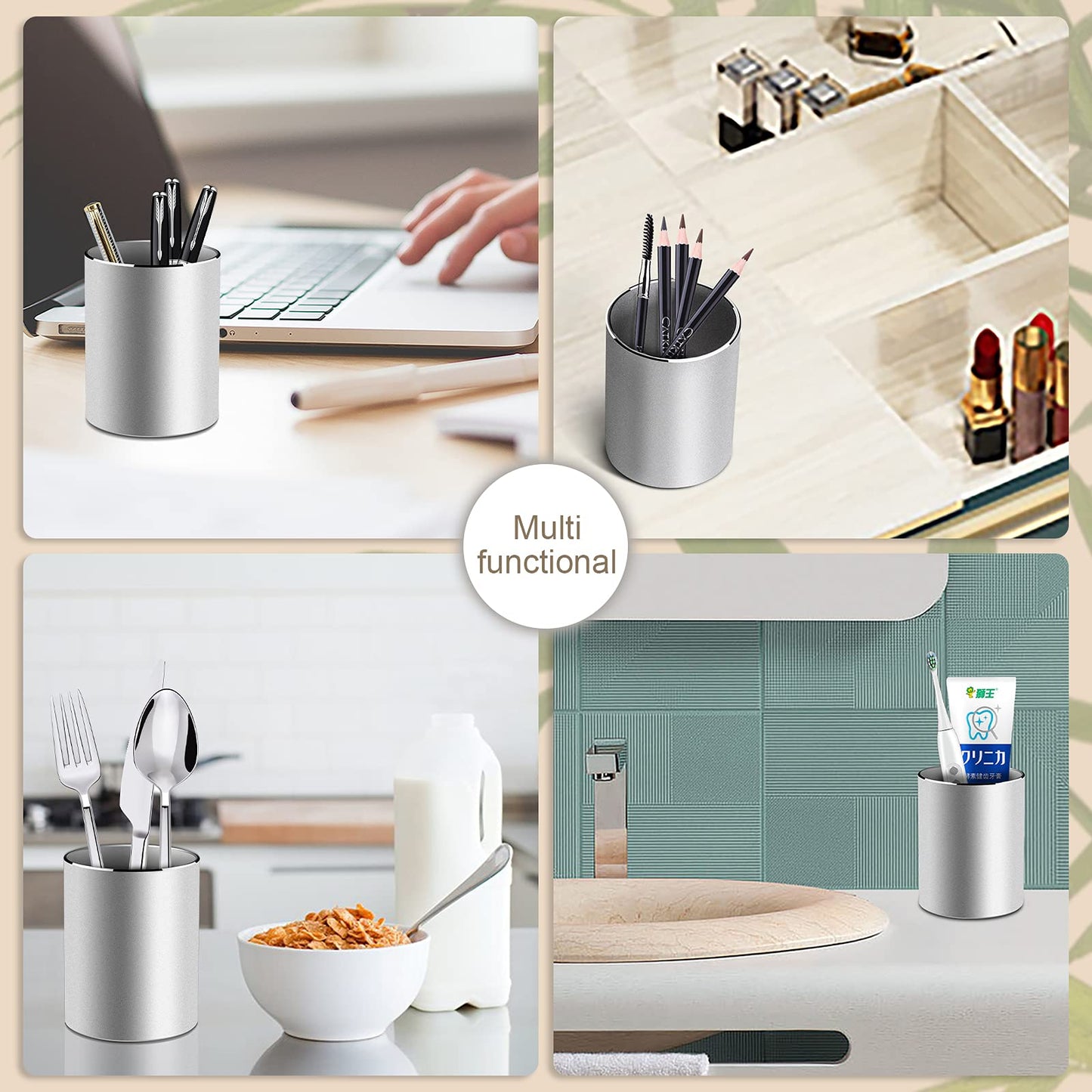 Vaydeer Metal Pen Holder Aluminum Pencil Holder for desk, Round Desktop Organizer and Silver Pencil Cup for Office, School, Home and Stationary Supplies (3.15 x 3.15 x 3.94 Inches)
