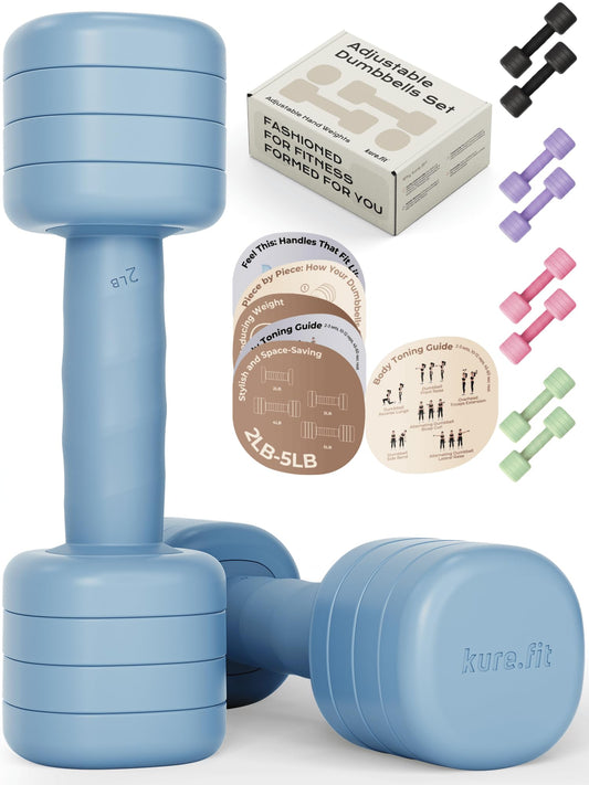 kure.fit Adjustable Dumbbell Set｜2LB 3LB 4LB 5LB Light Hand Weights for Women｜One-Twist Weight Adjustment｜Non-Slip Curved Grip Handle｜Free Weights for Home Gym, Rehab, Pilates, Yoga, Strength Training