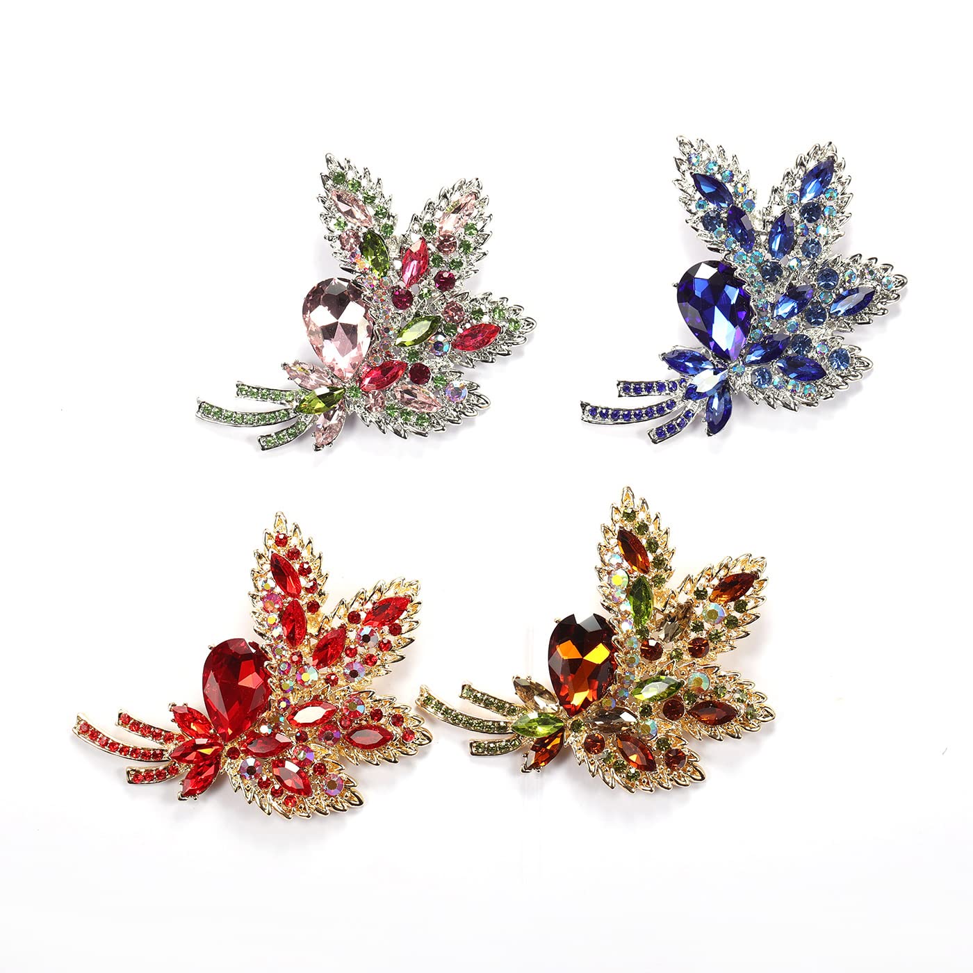 YOQUCOL Blue Austrian Crystal Leaf Shape Bouquet Big Large Brooch Pin Rhinestone Scarf Decoration Wreath Cloth Pin For Women