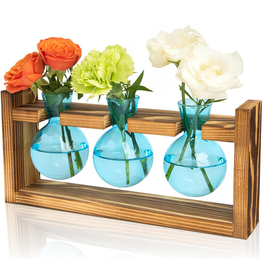 XXXFLOWER Glass Plant Terrarium Propagation Station, Gifts for Mom Plant Lovers Wife Daughter, 3 Bulb Glass Vase Plant Terrarium Tabletop for Hydroponics Home Office Indoor Decor (Blue)