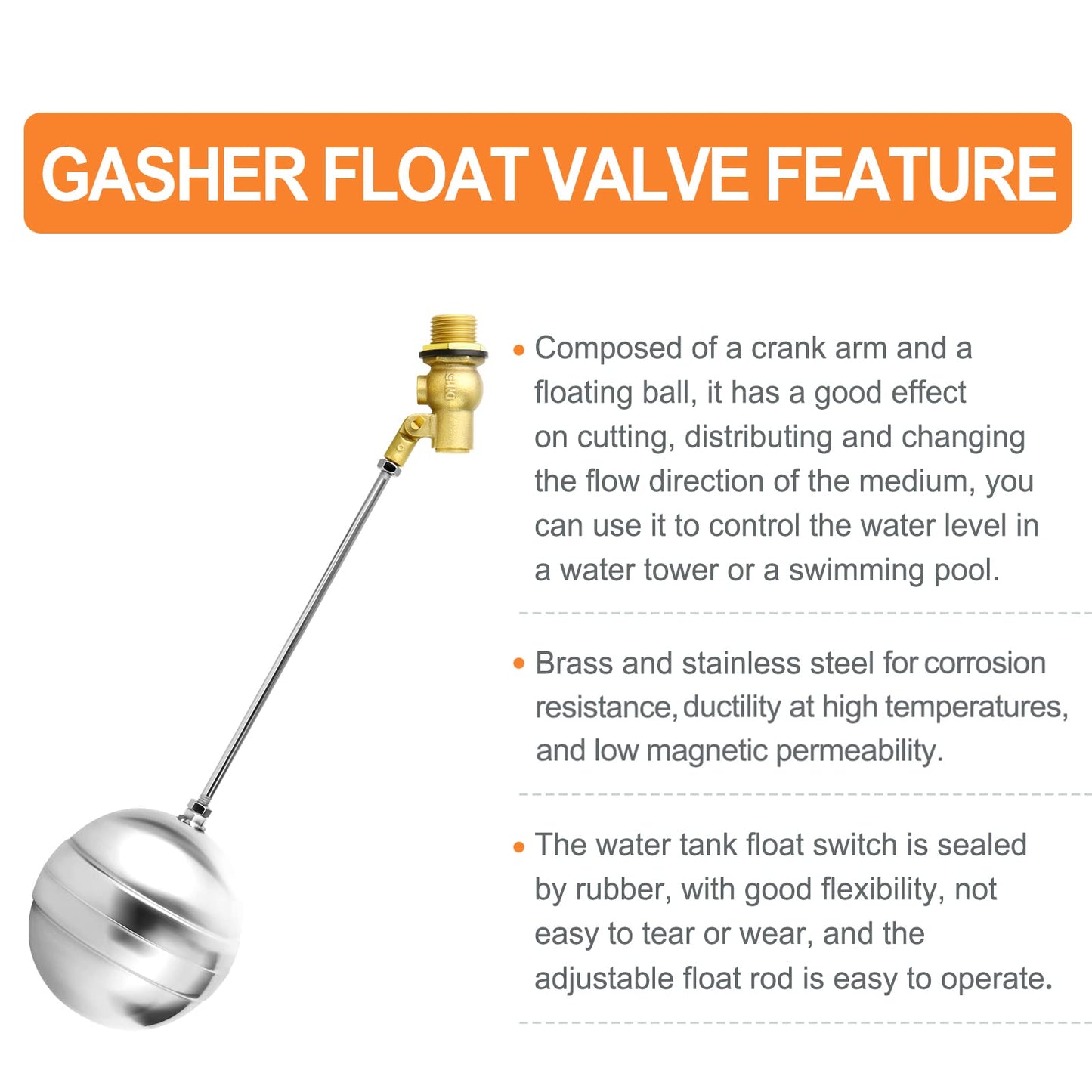 GASHER 2PCS 1/2" 304 Stainless Steel Float Ball Valve with 1/2"G Female x 1/2"NPT Male Adapter, DN15 Adjustable Water Tank Float Ball Valve for Stock Tank Pool Water Level Control