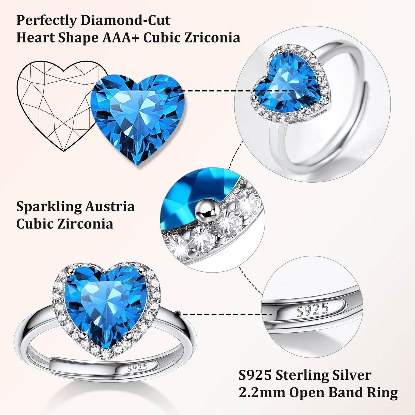 Bestyle CZ Heart Diamond Rings 5mm December Blue Topaz Birthstone Solitaire Rings, 925 Sterling Silver Rings Jewelry Gift for Wedding Anniversary Birthday