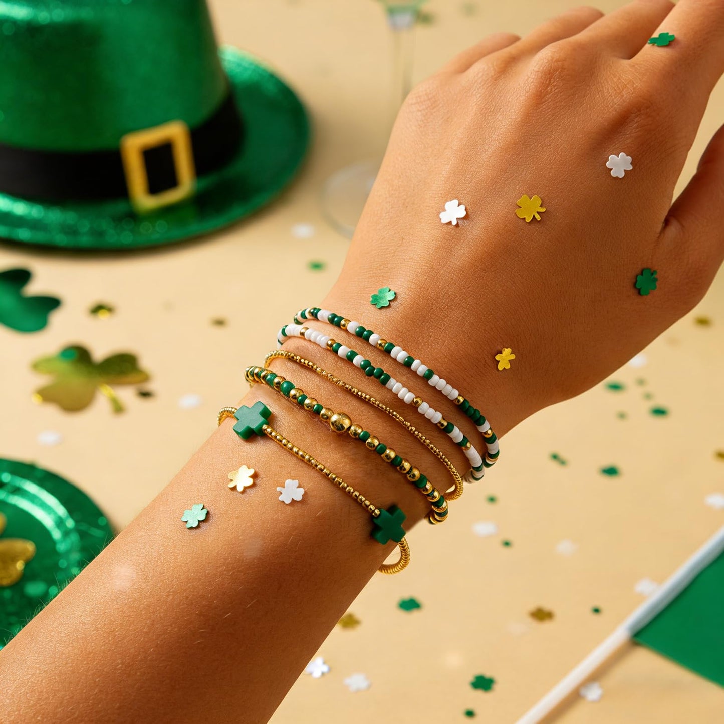 Bohxantium St. Patrick's Day Green Beaded Cross Bracelet for Women Stackable Lucky Stretch Gold Beads Ball Jewelry Cross Charm Holiday Bracelet Party Festive Friendship St. Patrick's Gifts for Women
