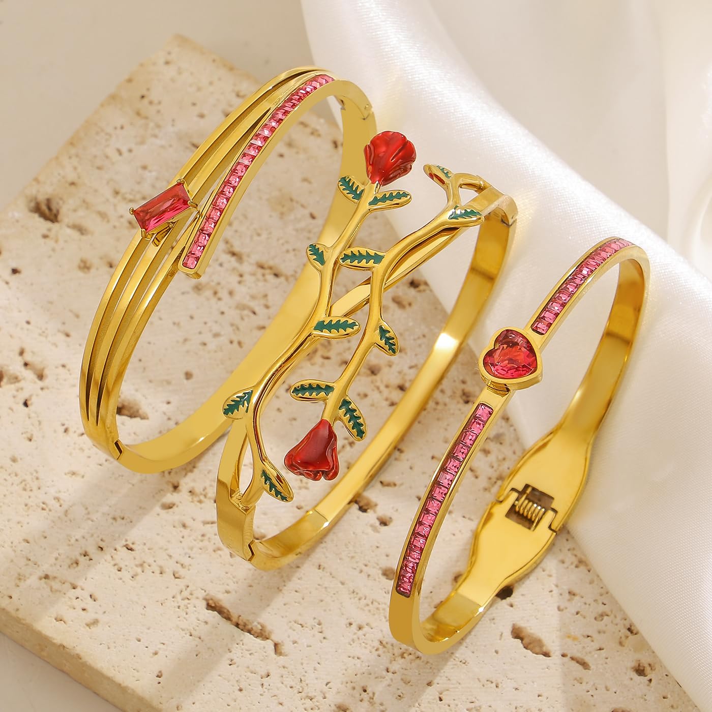 hotoo Rose Floral Stackable Bangle Sets For Women - 18K Gold Plated Stainless Steel Bangle Bracelets Sets Red Heart Gold Bangle Set For Christmas Mother's Day Trendy Jewelry Gifts
