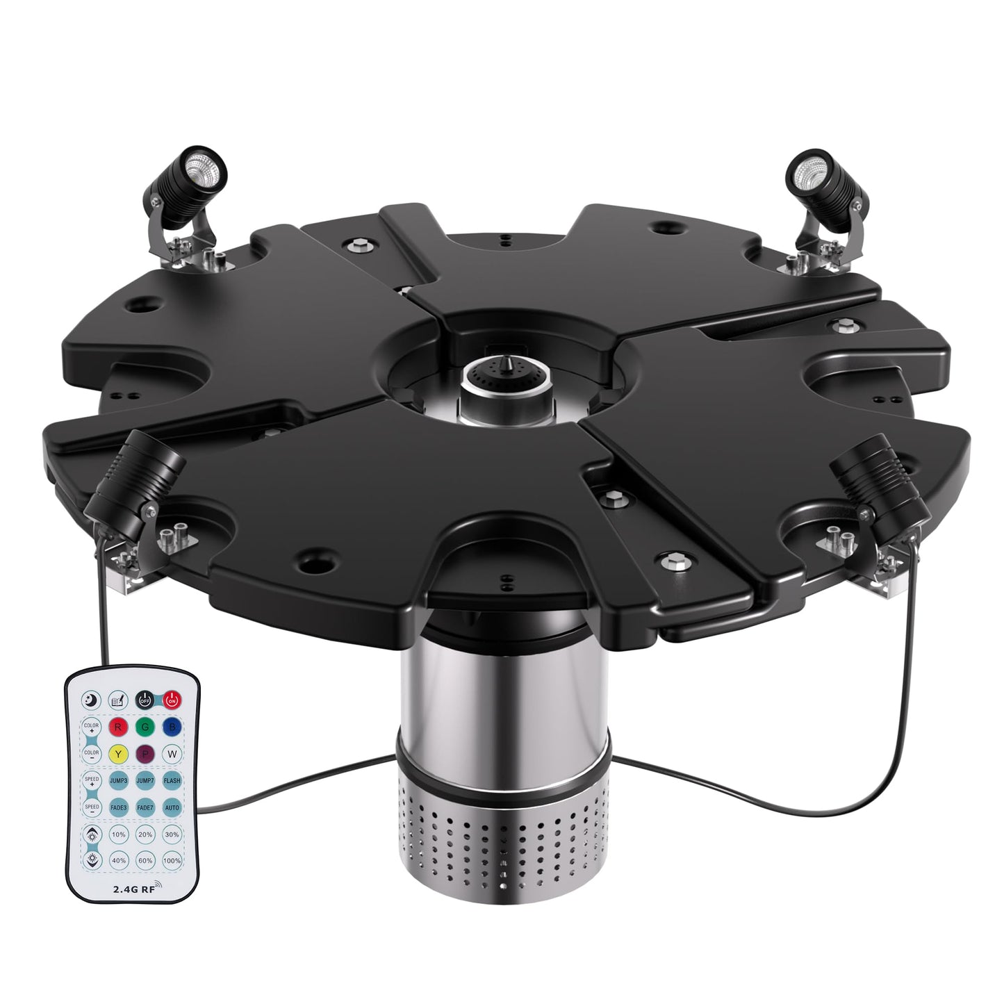 HQUA FS02 120V, 1/4HP, Large Pond Floating Fountain with FSL01 LED RGB Color-Changing Light Sets, 100’ Cord, 9000 GPH, Two Spray Patterns 25'×6' and 13'×4'