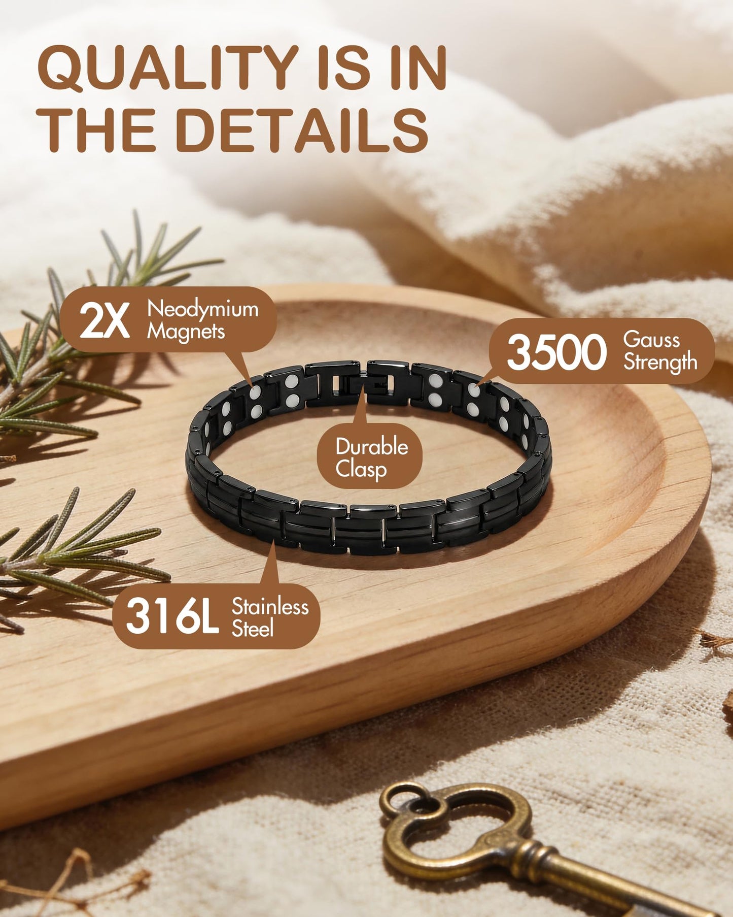 Feraco 2X Strength Magnetic Bracelets for Women Titanium Steel Magnetic Bracelet with Double Rows Ultra Strong Gauss Magnets, Jewelry Gifts (Black)
