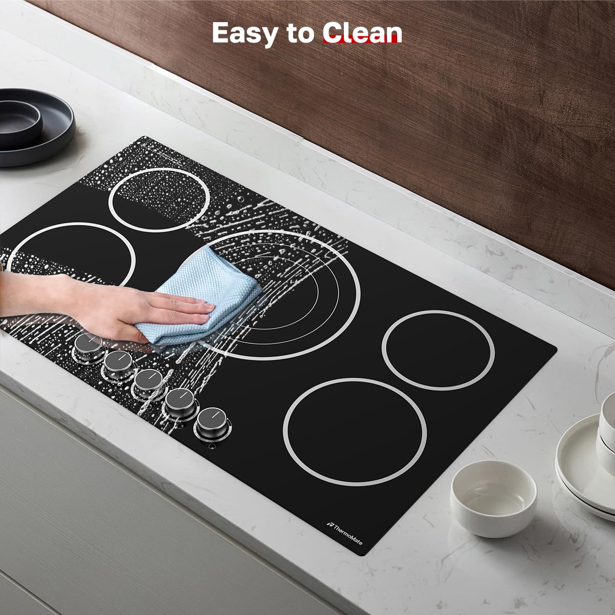ThermoMate 36 Inch Electric Cooktop, 5 Burners Knob Control Built-in Ceramic Cooktop, 30" Radiant Electric Stove Top of 9000W with 9 Heat Levels, Hot Surface Indicator, 220-240v, Hard Wired
