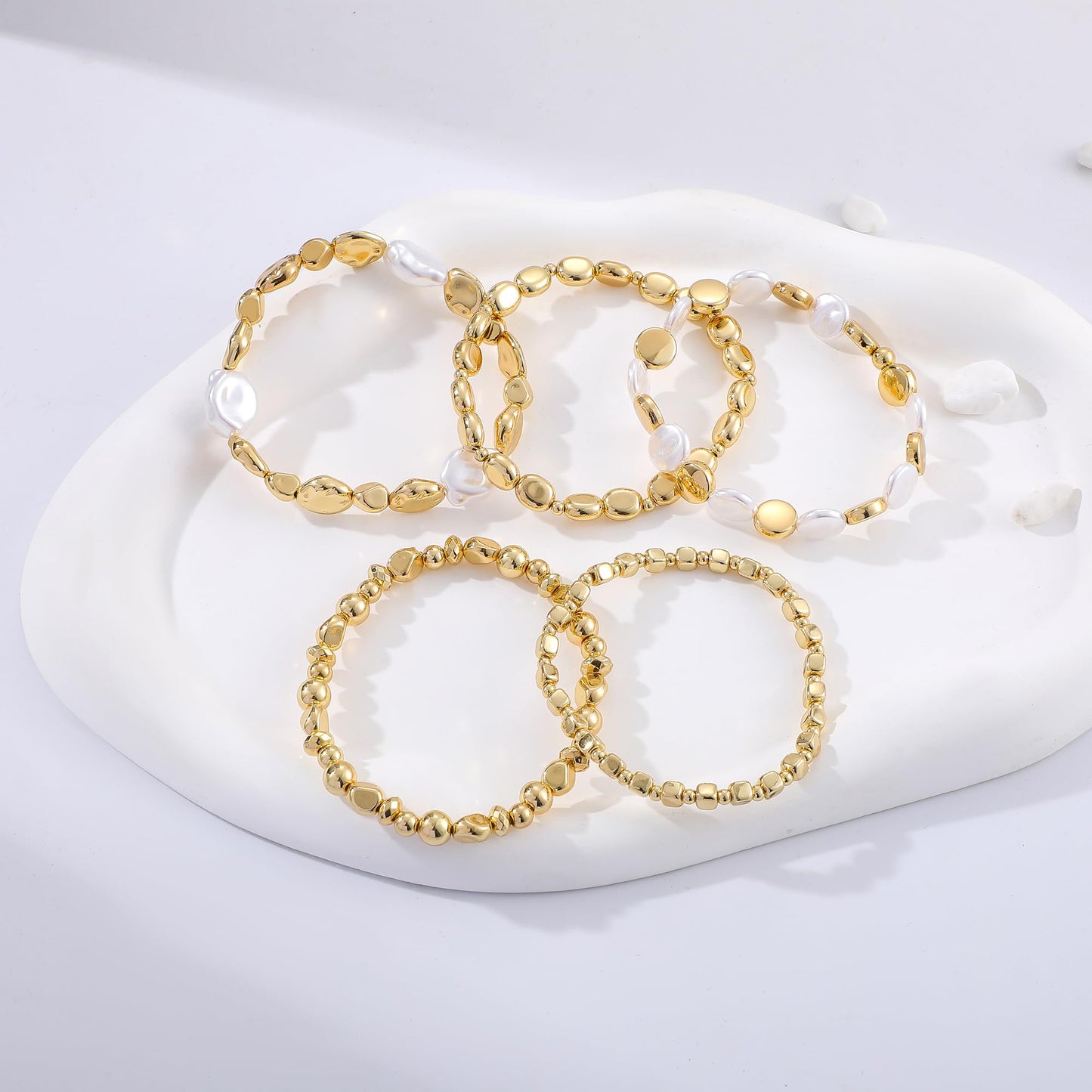 Sajidos Gold Plated Beaded Bracelets for Women Trendy, 14K Gold Plated Stack Cross Pearl Gold Plated Bead Stretch Bracelets Set Elastic Hypoallergenic Bracelets Jewelry Gifts (style19-2)