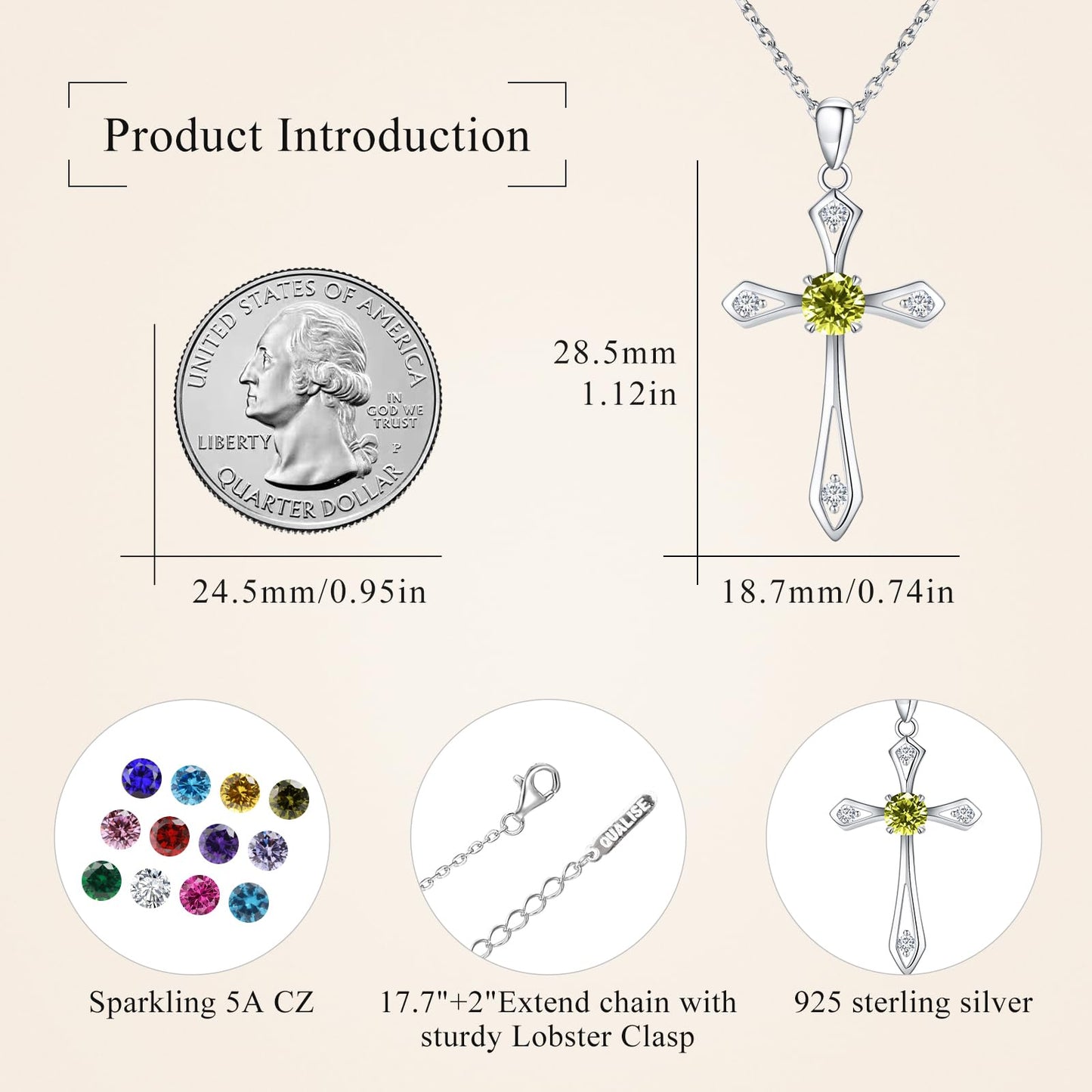 QUALISE Cross Necklace for Women,925 Sterling Silver August Birthstone Necklace Cross Pendant 5A CZ 12 Birth Months Birthstone Fine Jewelry Birthday Gifts for Her Wife Mom