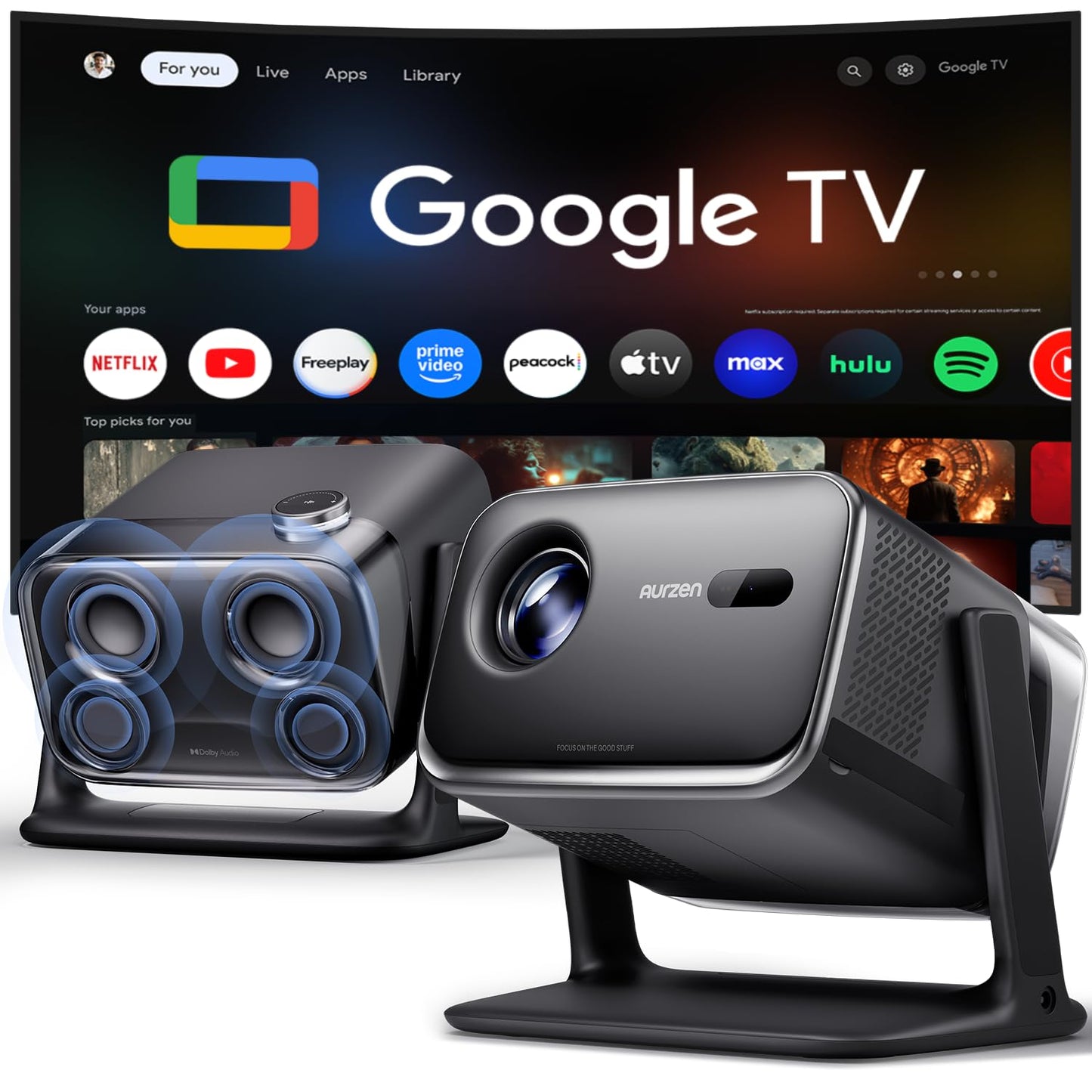 Aurzen BOOM mini Google TV Smart Projector with WiFi and Bluetooth, Voice Control, Family Mode, 20W Dolby Audio, Real-Time Focus, 4K Supported Movie Projector for Bedroom/Home Theater/Outdoor, Black