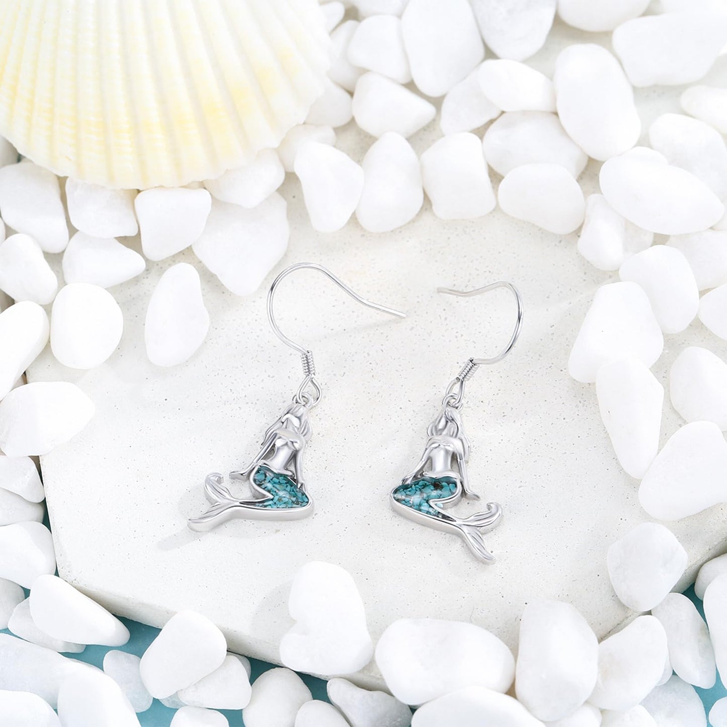 Mermaid Earrings for Women 925 Sterling Silver Turquoise Ocean Dangle Drop Earrings Sea Beach Themed Jewelry Summer little Mermaid Gifts for Friends