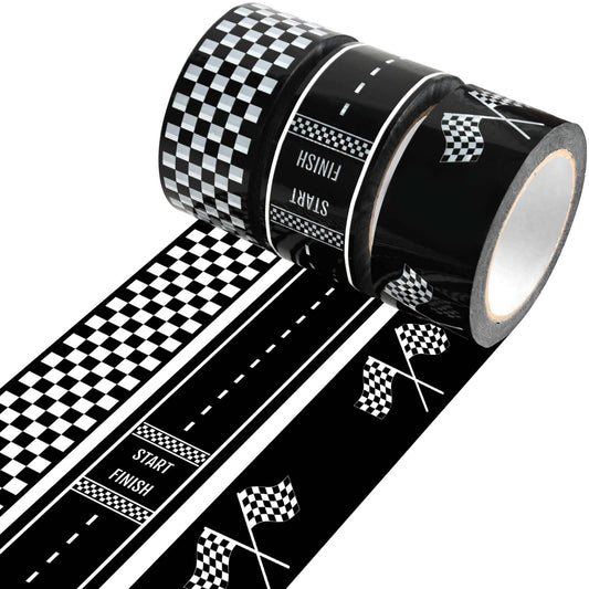 3 Rolls Black White Checkerboard Road Car Track Tape Checkered Flag Race Track Decorative Tapes for Box Scrapbook DIY Crafts Party Decorations,2Inches x 109Yards