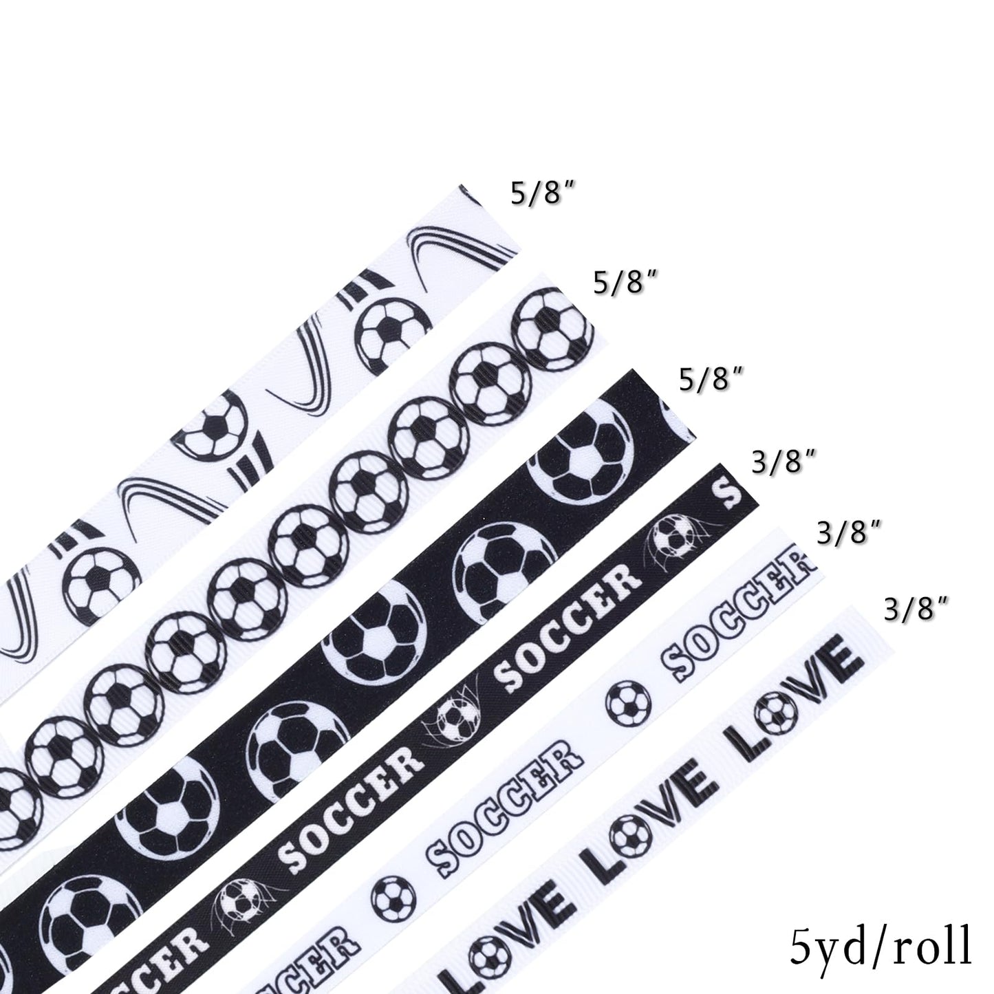 LaRibbons Soccer Ribbon Set 6 Rolls 30 Yards Total, White Black Sports Themed Craft Ribbons for Soccer Party Decorations, Hair Bows, Gift Wrapping, DIY Sewing Supplies