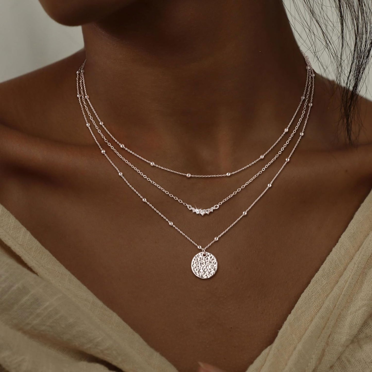 CHESKY Layered Silver Necklace for Women Trendy, Silver Plated Dainty Stackable Charm Necklaces for Womens Layering Beads Chain Diamond Pendant Necklaces Stack Jewelry Set for Women Gifts