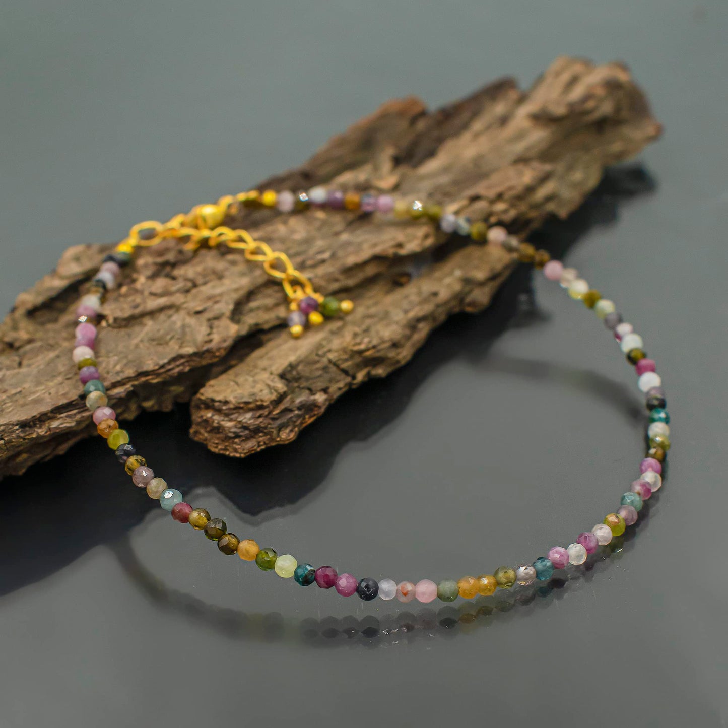 Gemimpression Handmade Multi Tourmaline Bracelet – Natural Genuine Gemstone – Birthstone Jewelry – 14K Gold Plated Adjustable 8 Inch Chain – Micro Beads Chakra Bracelet – Christmas Gift