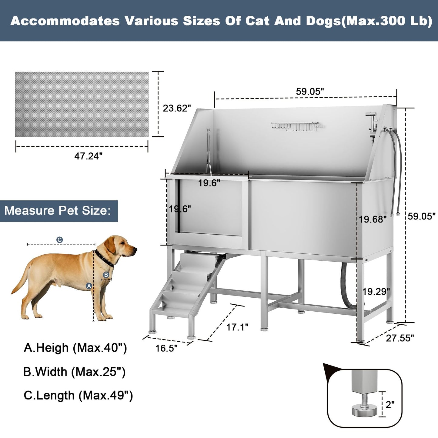 62" Professional Stainless Steel Dog Bathing Station, Large Dog Washing Station W/Dog Bath Brush, Washing Gloves, Floor Grate, Dog and Cat Bath Tub, Dog Washing Sink (62 Inch Left Door)