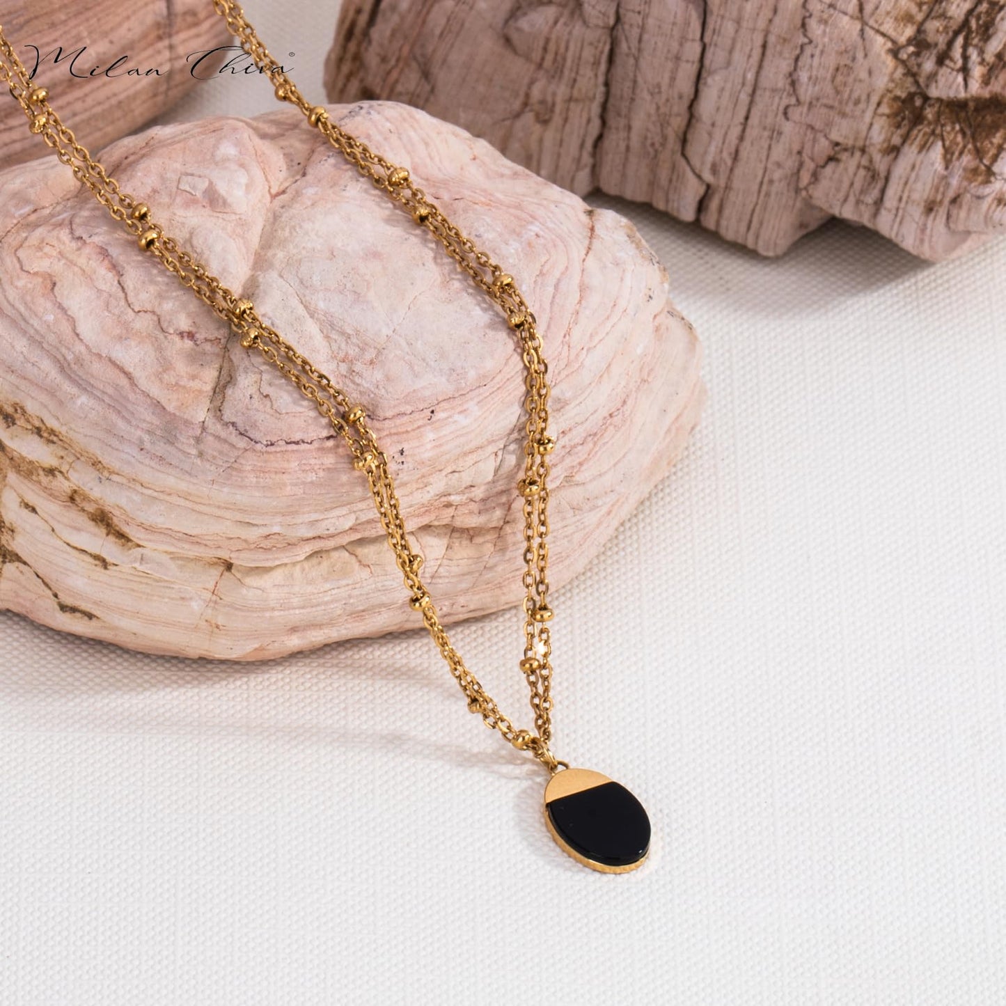 Milan Chiva 14K Gold Plated Black Agate Layered Stacked Necklace for Women, Dainty Trendy Non Tarnish Oval Pendant Charm Necklaces Fashion Jewelry for Women Waterproof MNS-1009BK