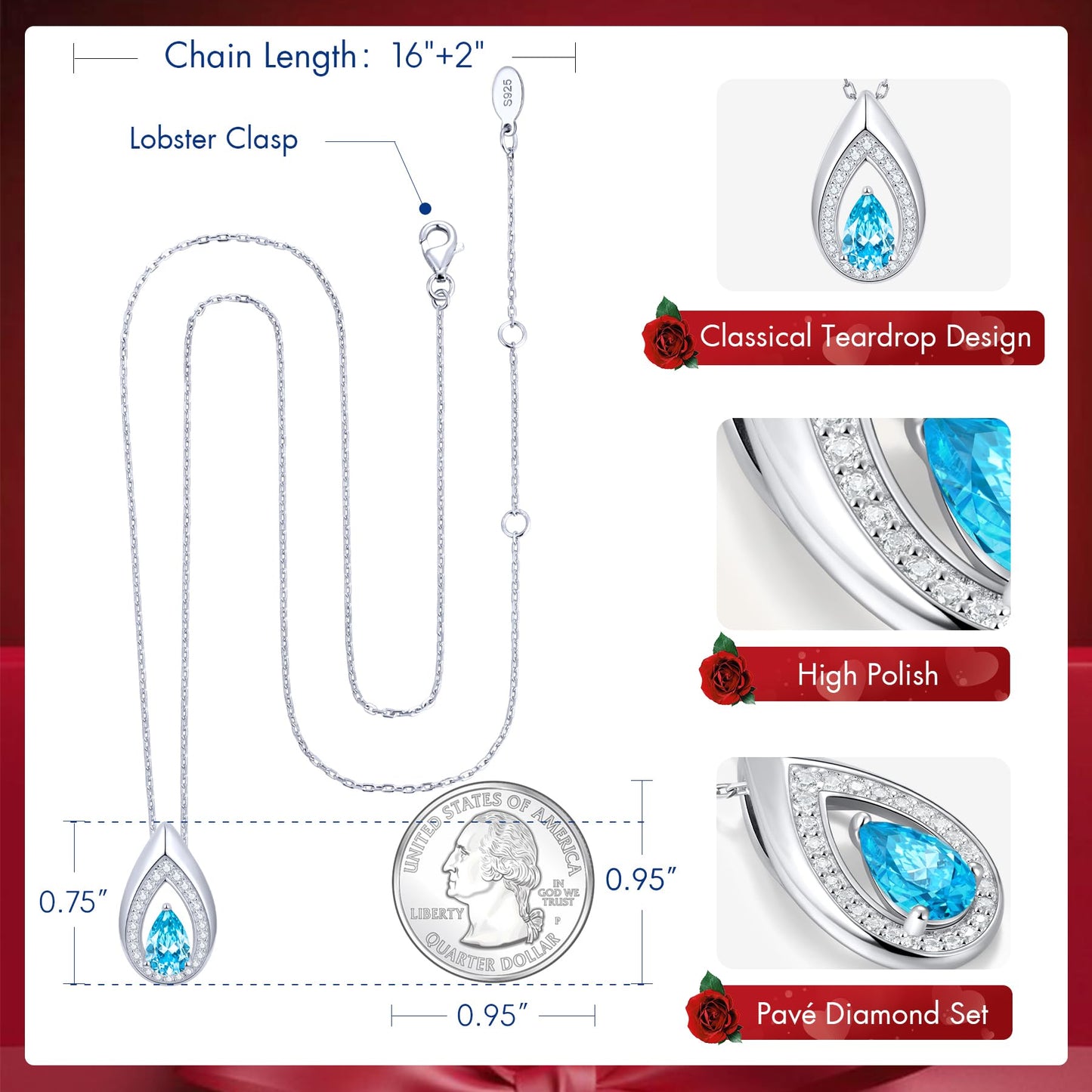 Kstyle 925 Sterling Silver Aquamarine March Birthstone Pendant Necklace Teardrop Jewelry Valentine's Day Anniversary Birthday Gift for Wife Girlfriend Mom Sister Non Tarnish
