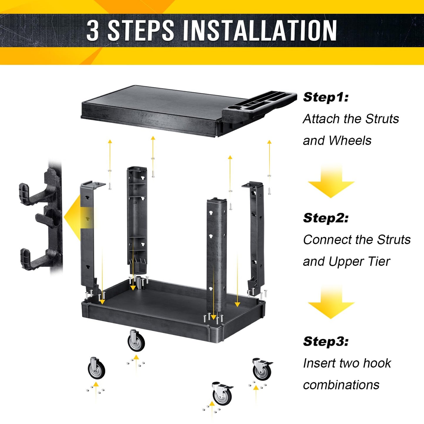 850LBS Large Heavy Duty Plastic Utility Cart, 42.5×25" Flat Top Service Cart With Full Swivel Wheels (2 With Brakes) & 2 Side Tube Holder Hook,2 Tier Work Cart For Office/Garden/Warehouse/Garage Black