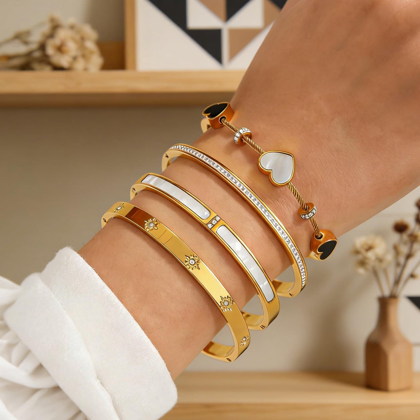 Women's 18K Gold Plated Stainless Steel Bracelet Set (6cm/2.3inch) - Waterproof Delicate Stackable Bangle Set with Mother of Pearl, Heart Design & Cubic Zirconia for Women Jewelry Gifts (4pcs Bracelet Set A)