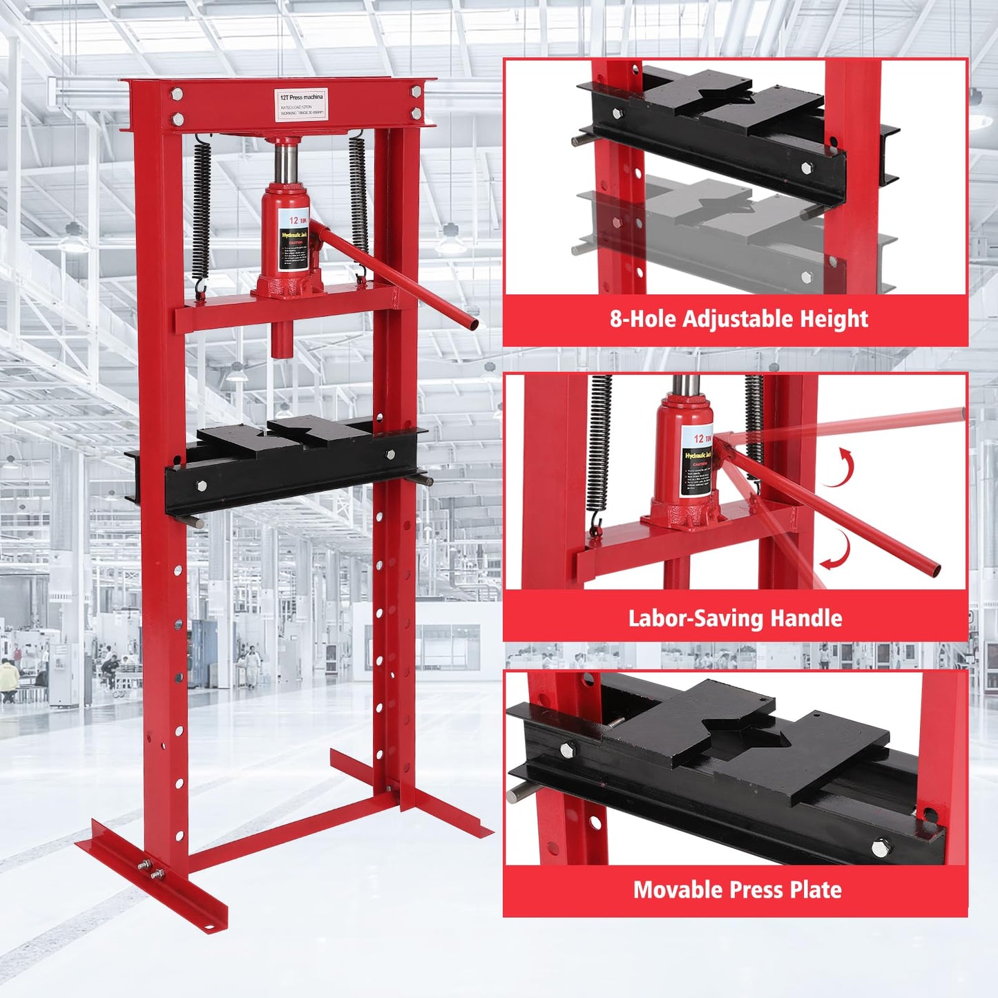 12 T Hydraulic Shop Press, H-Frame, 8-Hold Adjustable Height, with Movable Plates and Dust Cover, for Garage or Professional Users, Red