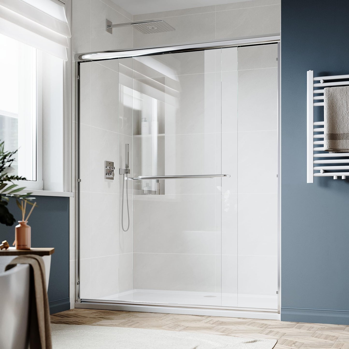SUNNY SHOWER Double Sliding Glass Door 60" W x 72" H Shower Door 1/4" Tempered Glass Sliding Door Semi-Frameless Shower Glass Enclosure Bypass Walk in Shower Cabin, Chrome Finished