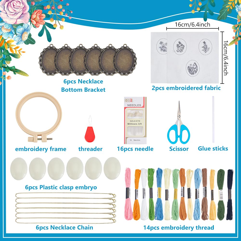 INFUNLY 6 Sets DIY Flower Embroidery Pendant Kit with Chains for Adult Beginners Insect Embroidery Necklace Kits with Instructions Floral Necklace Starter Cross Stitch Kit for DIY Art Craft Women Gift