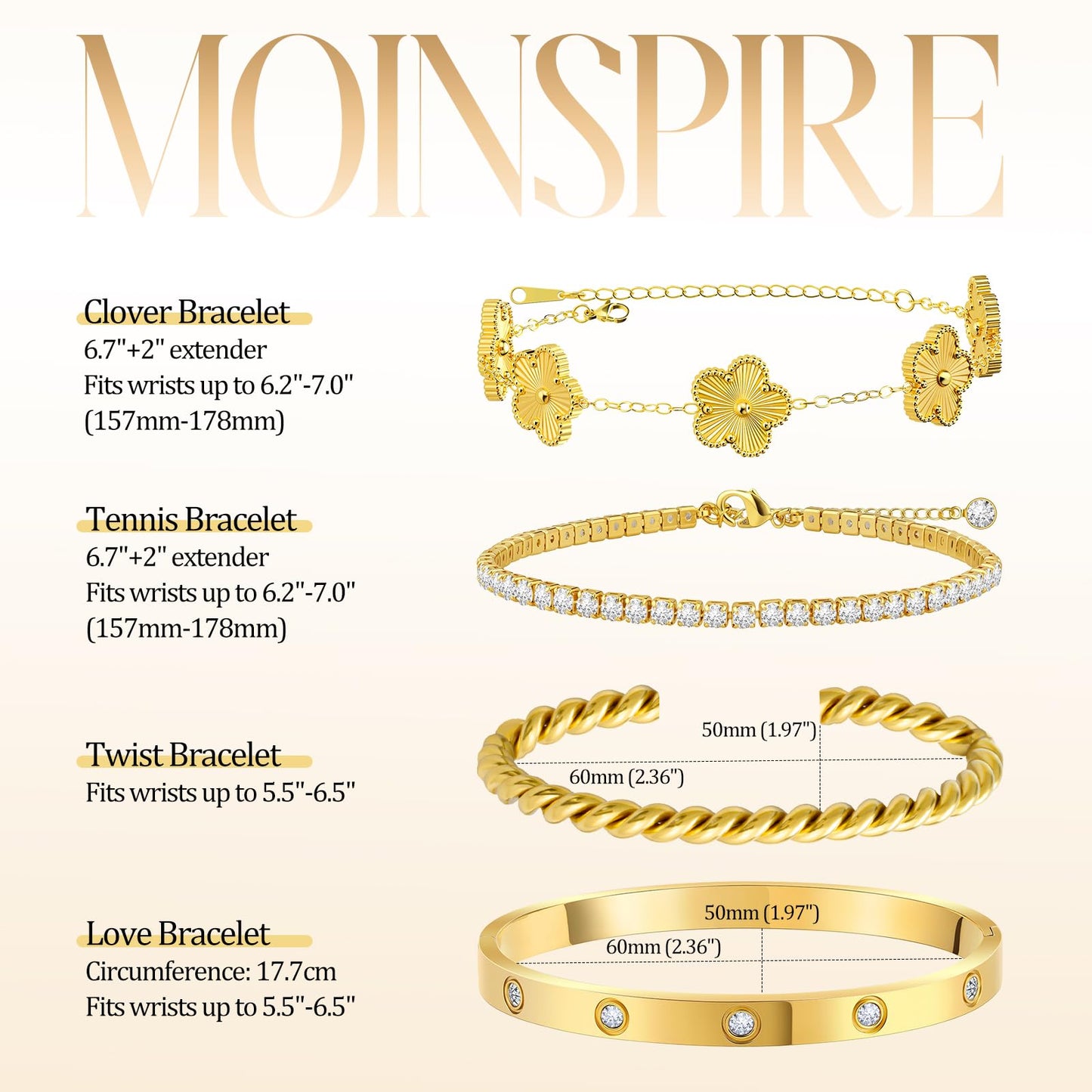 MOINSPIRE 18K Gold Plated Bracelets for Women, Stainless Steel Four Leaf Clover Tennis Nail Love Bangle Bracelets Set, Trendy Stackable Twist Cuff Bracelet Non Tarnish Jewelry Gifts for Christmas