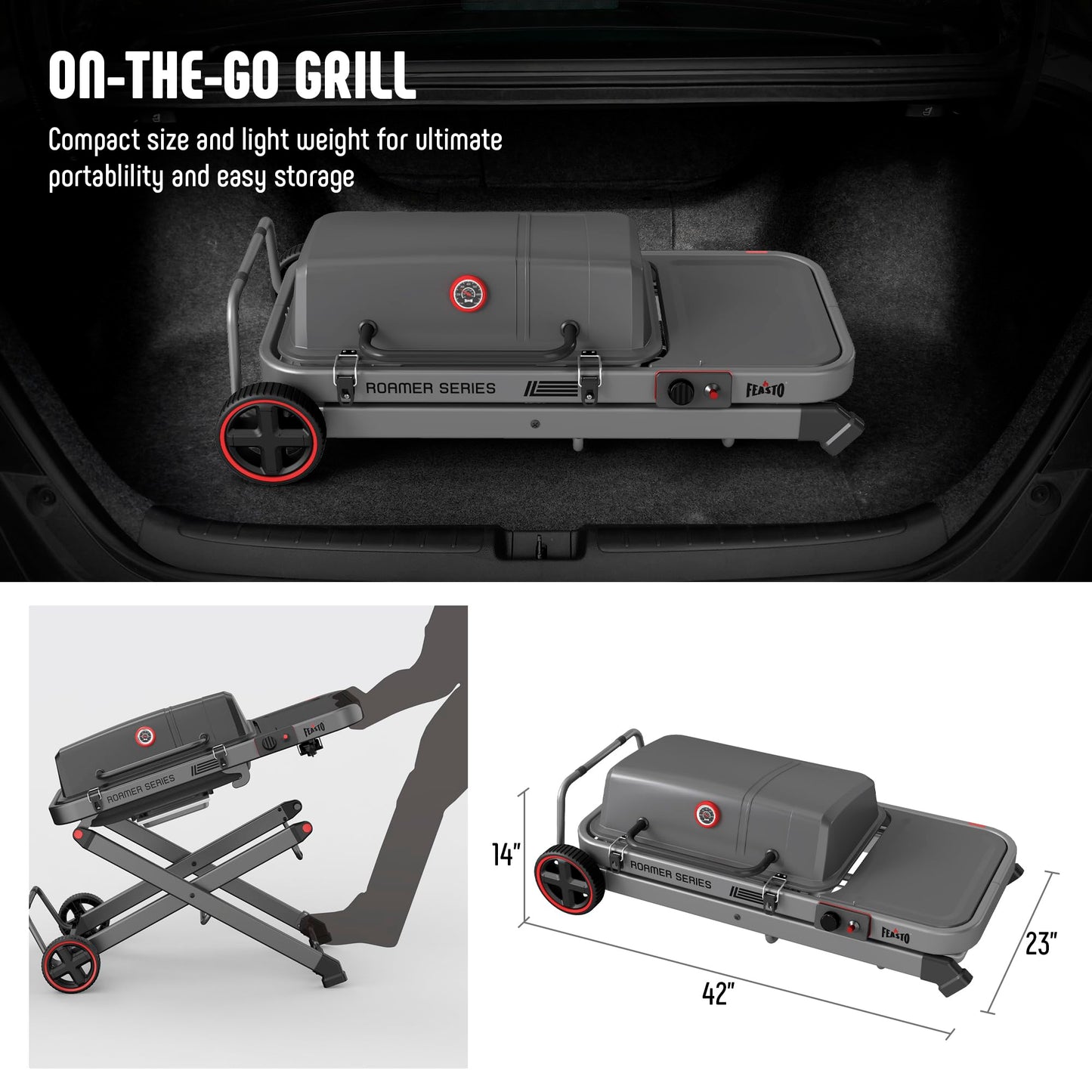 FEASTO Portable Propane Gas Grill with Folding Cart & 13000 BTUs Burner, 360 Sq. In. Cast Iron Cooking Grates, Side Table, 8" Wheels, Stainless Grease Tray for Outdoor BBQ, Camping & Tailgating, Grey