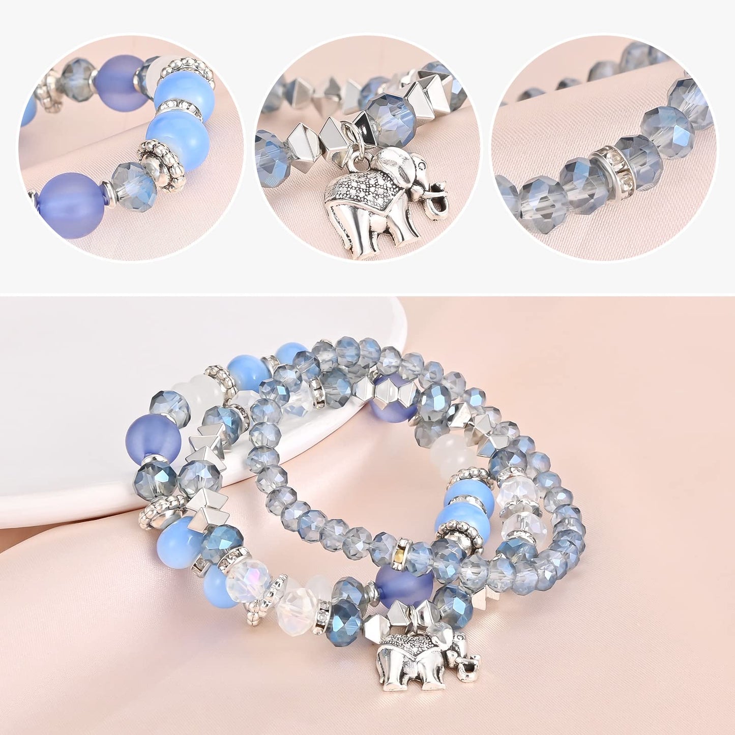 Bohemian Bracelet Sets for Women - 6 Sets Stackable Stretch Bracelets Multi-color Boho Jewelry for Women Hippie Bracelets Dainty Jewelry Best Friend (Elephent Bead Bracelets)