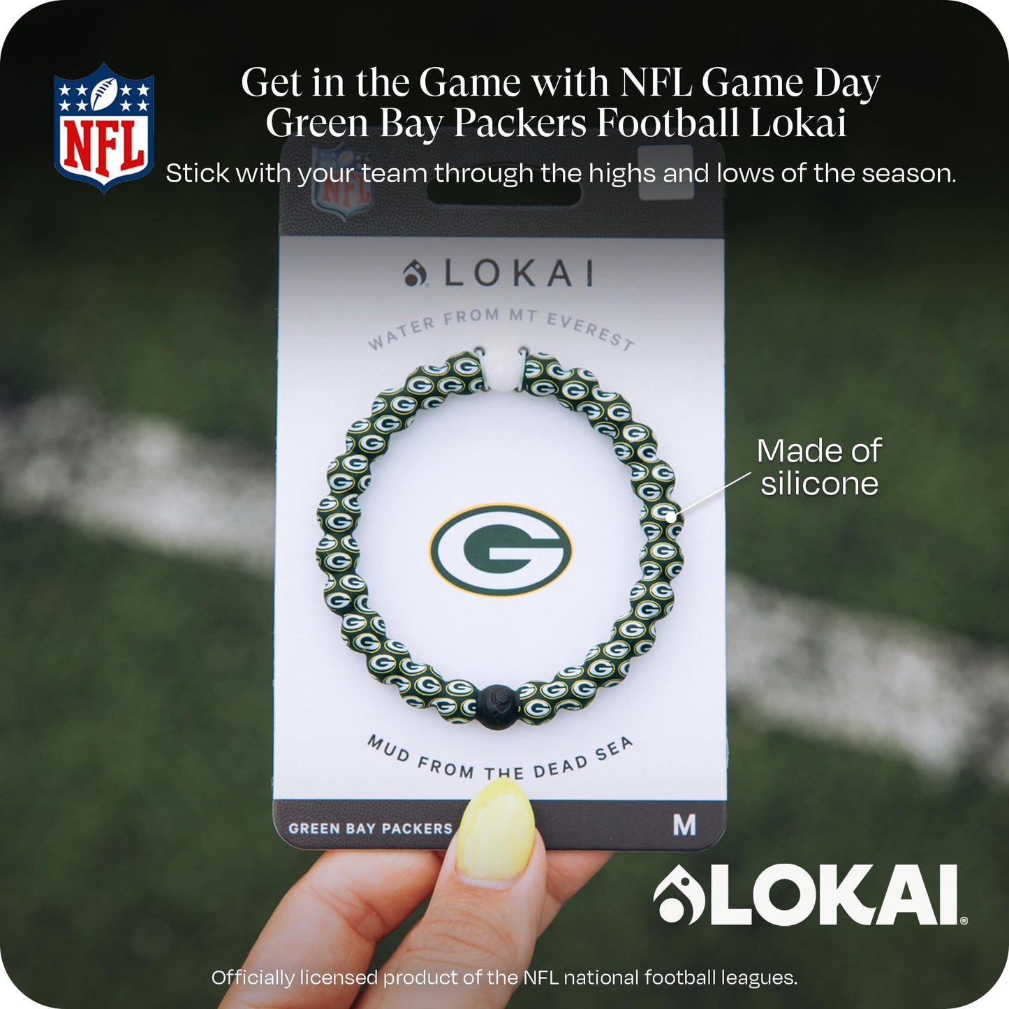 Lokai Silicone Beaded Bracelet for Men & Women, NFL Football Collection - Green Bay Packers, Green Logo, Medium - Silicone Jewelry Fashion Bracelet Slides-On for Comfortable Fit