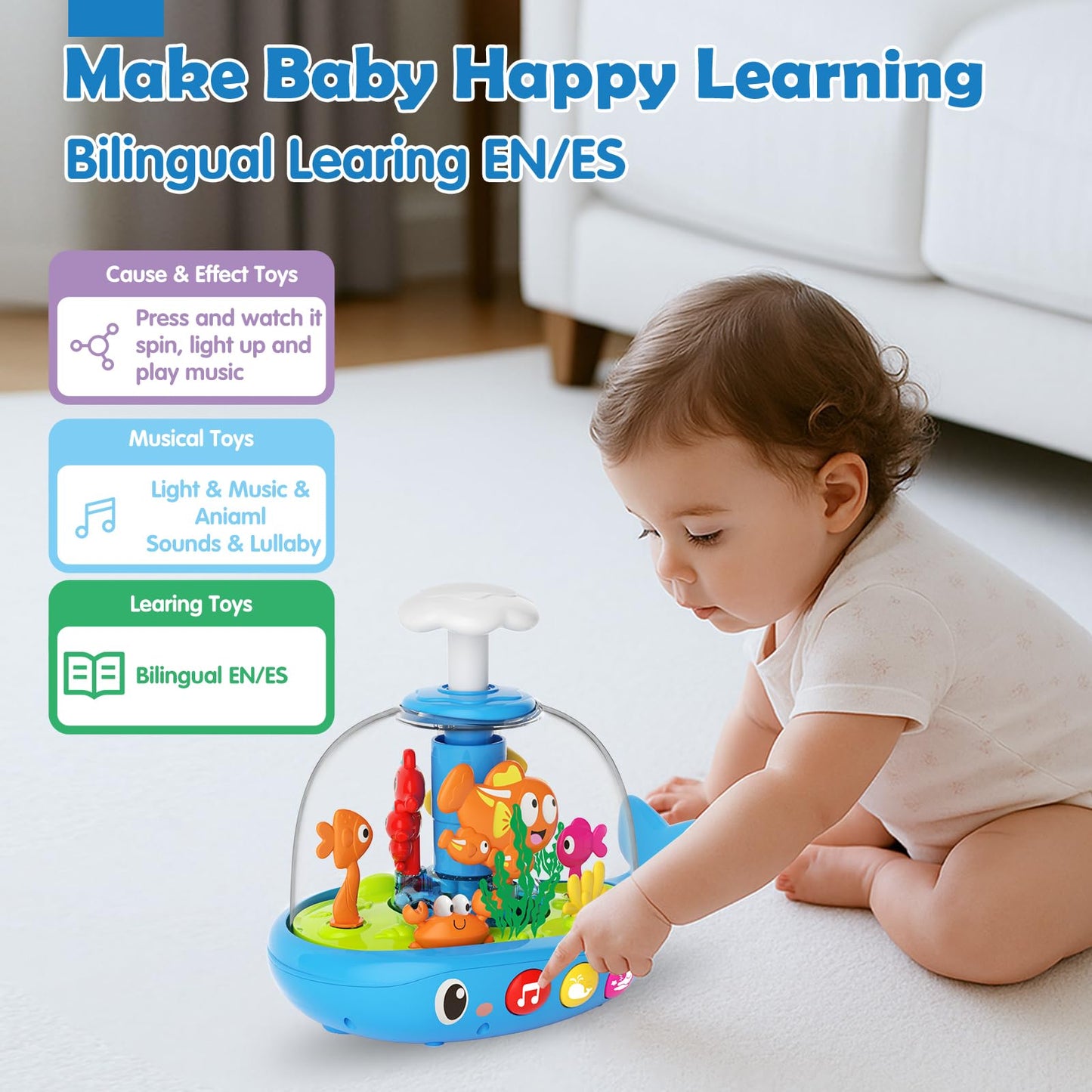 DUPHLAGT Baby Toys 6-12 Months - Toys for 1 Year Old Boy Girl Birthday Gift Press & Spin Aquarium Musical Light Up Infant Toys 12-18 Months - Bilingual Learning Toy for 1 2 Year Old (Blue)