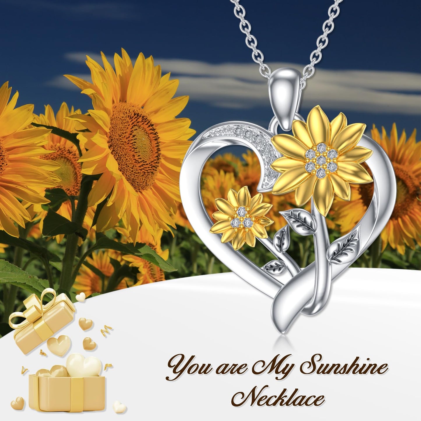 ZBA Sunflower Necklace for Women Silver Diamond Heart Pendant Jewelry, Anniversary Valentines Mothers Day Gifts for Mother Wife Her Mom