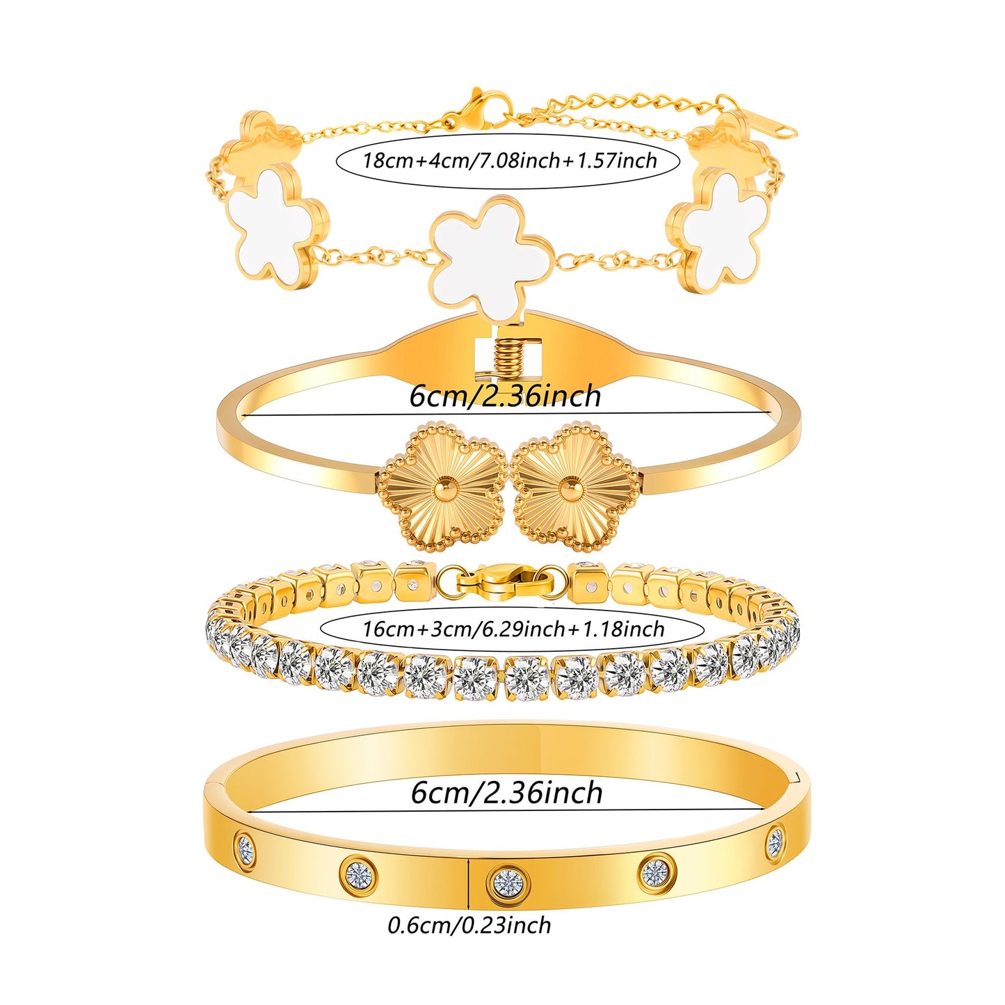 ISELBDR 18K Gold Plated Four Leaf Clover Cuff Bracelets for Women- Stainless Steel Cubic Zirconia Tennis Bracelets Love Bangle Set, Non-Tarnish Trendy Jewelry Gift (White)