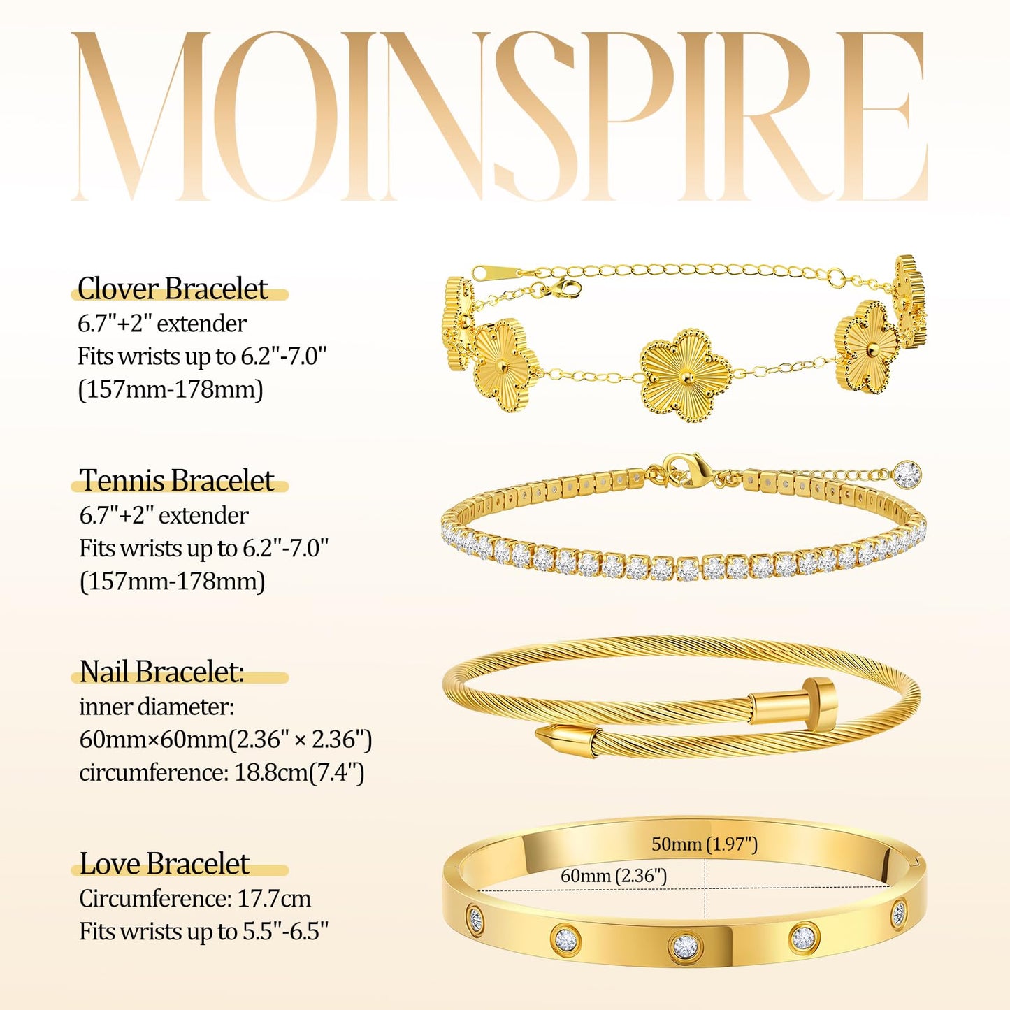 MOINSPIRE 18K Gold Plated Bracelets for Women, Stainless Steel Four Leaf Clover Tennis Nail Love Bangle Bracelets Set, Trendy Stackable Twist Cuff Bracelet Non Tarnish Jewelry Gifts for Christmas