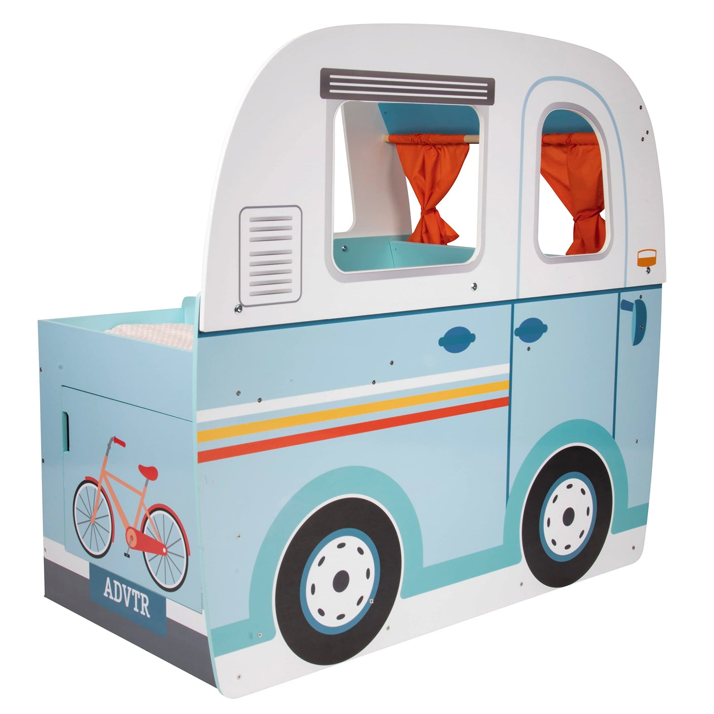 Wooden Play Camper Van Toy Playset w Steering Wheel, Kitchen, Stove, Oven, Bed, Pillow, Pretend Shower, Curtains, Personalization Stickers- Indoor Retro Car Camping, Travel RV Adventure- Ages 3+ Gift