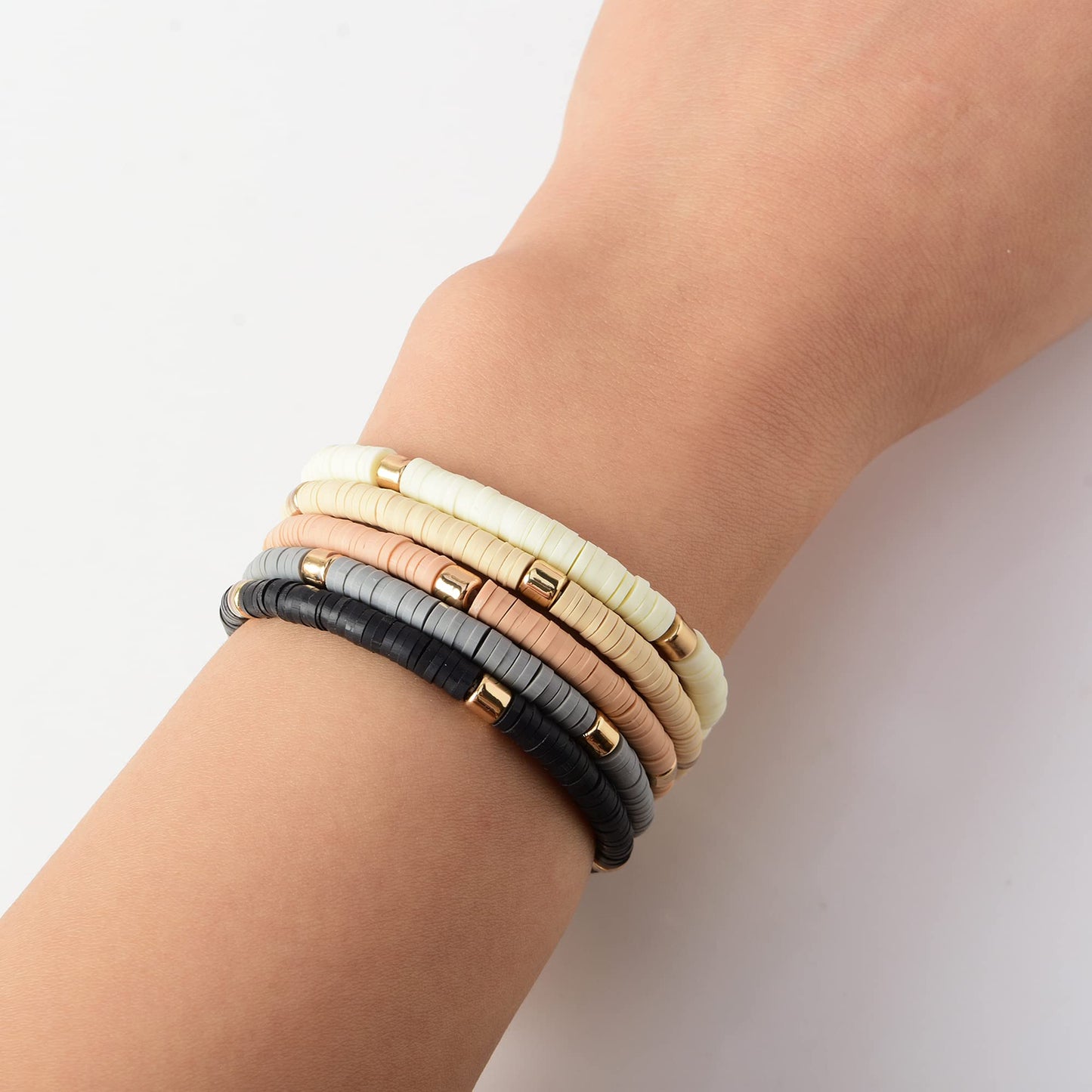 GOOJIDS Surfer Heishi Clay Bead Bracelets for Women Bohemian Stackable Gold Plated Beaded Stretch Bracelets Elastic Layering Friendship Bracelets Set Boho Jewelry