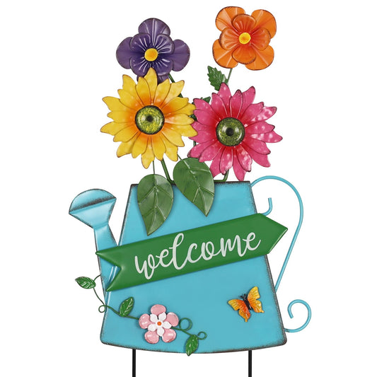 YEAHOME Garden Decor for Outside, 24.4“ Decorative Garden Stakes Metal Watering Can with 4 Flowers for Spring Decor, Welcome Yard Signs for Outdoor Lawn Backyard Patio Porch Pathway Decorations