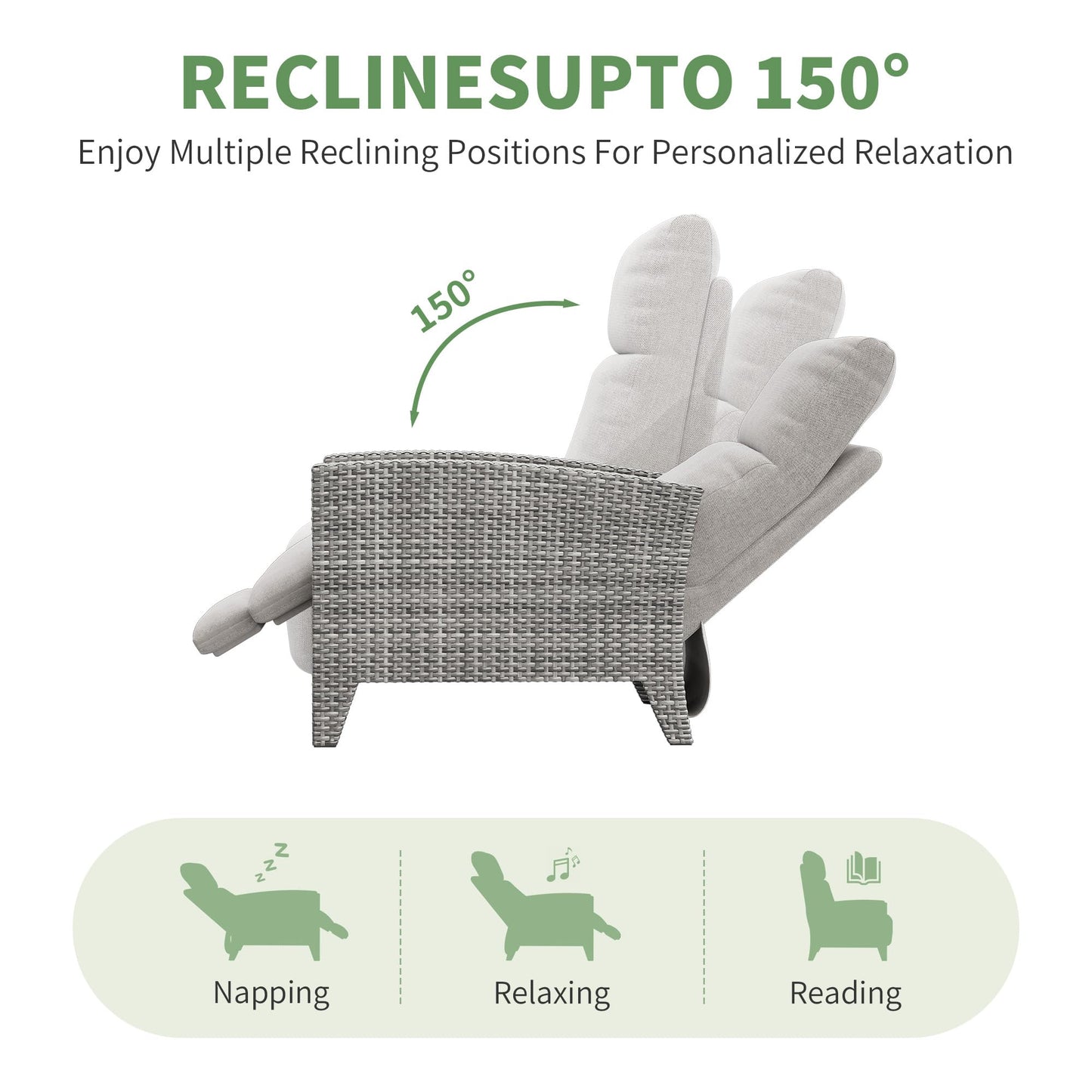 Garvee Wicker Recling Patio Chair with Independent Adjustable Back and Footrest Air Pump 150° Lay Flat Reclining Chair Outdoor Recliner Chair with Extended Footres and Removable Cushion for Garden