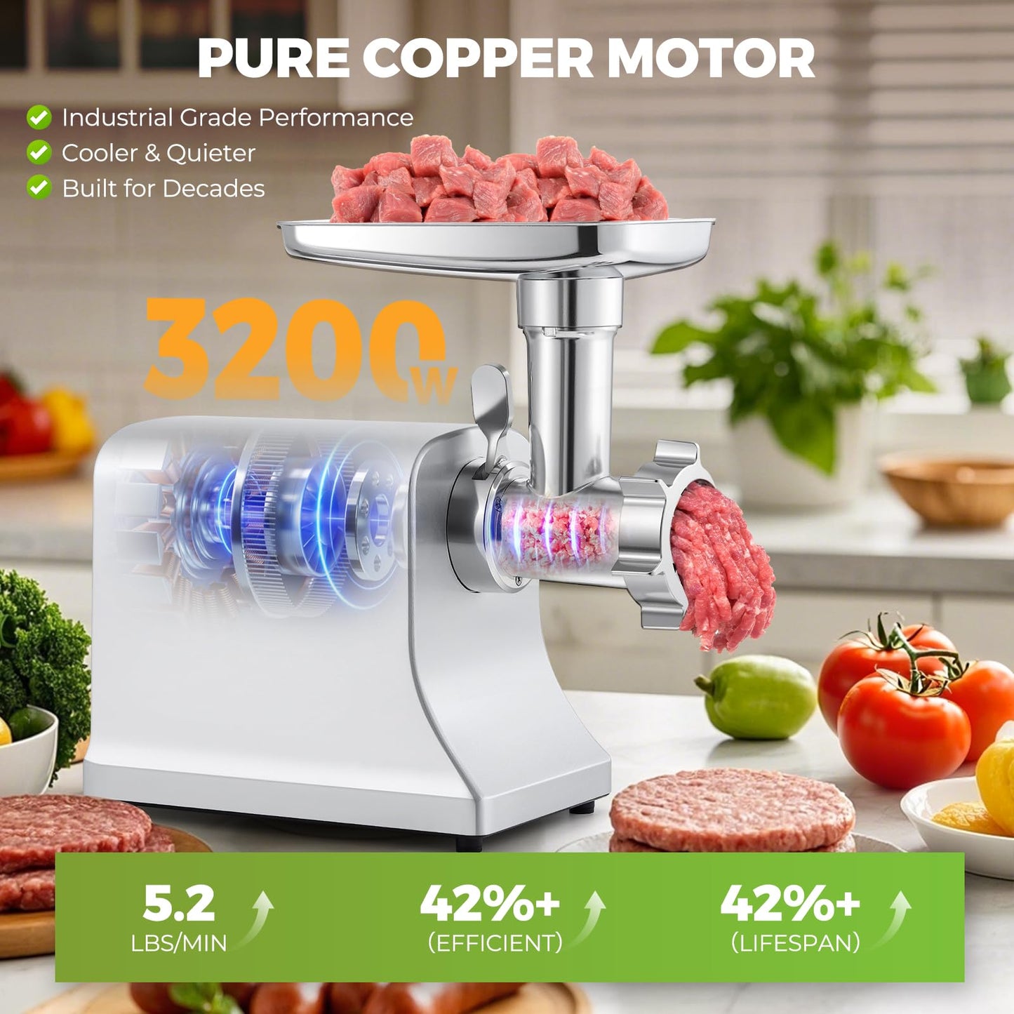 Flyseago Electric Meat Grinder 3200w Commercial Heavy Duty Metal Gearbox Meat Grinder and Sausage Stuffers, Kubbe Kit for Household Use & Commercial