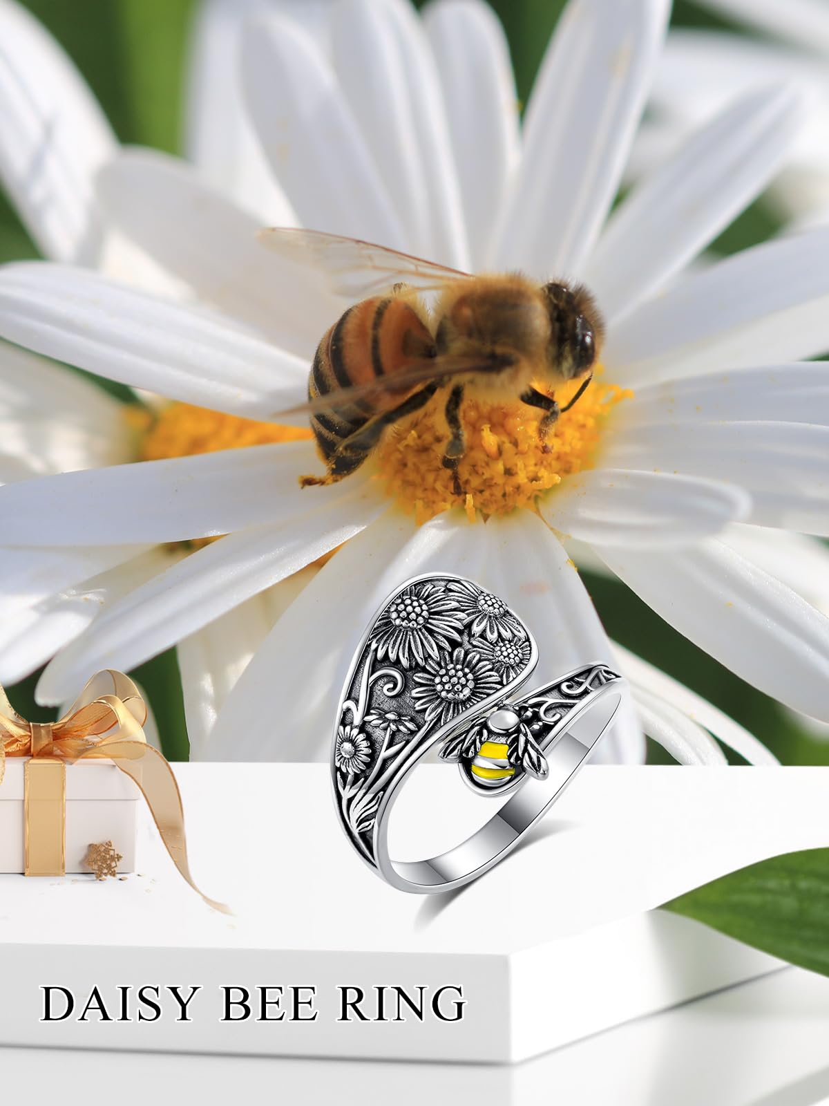 Midari Sunflower Bee Spoon Ring 925 Sterling Silver Sunflower Ring Bee Ring for Women Spoon Rings Adjustable Ring Flower Animal Jewelry Birthday Christmas Gifts for Women Daughter Wife