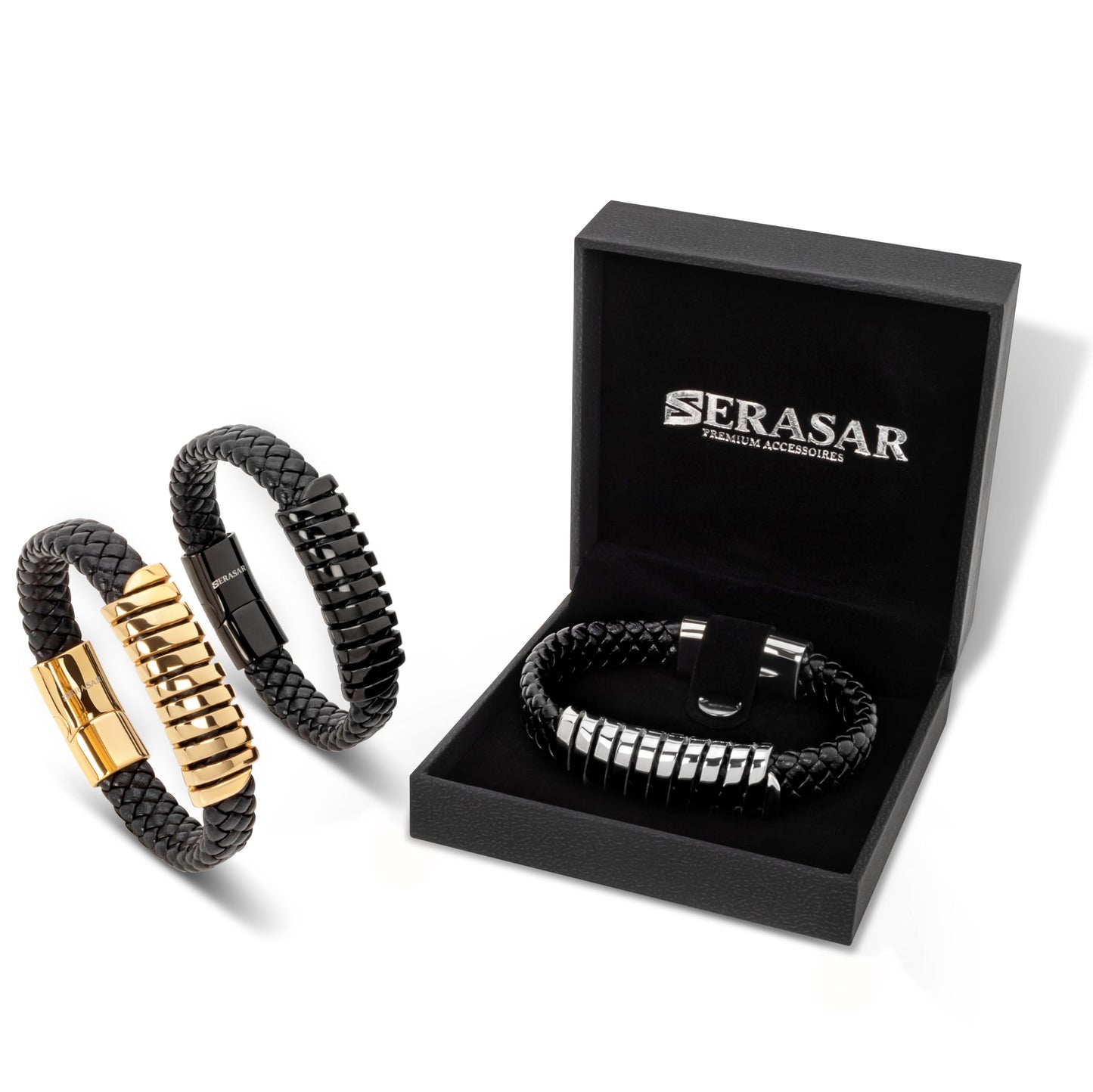 SERASAR Pulseras para hombre 23cm Oro, Caja de regalo, Piel vaca genuina trenzada, Cierre magnético ajustable, Envoltura multicapa, Joyero, Cuerda s, Accesorios joyería