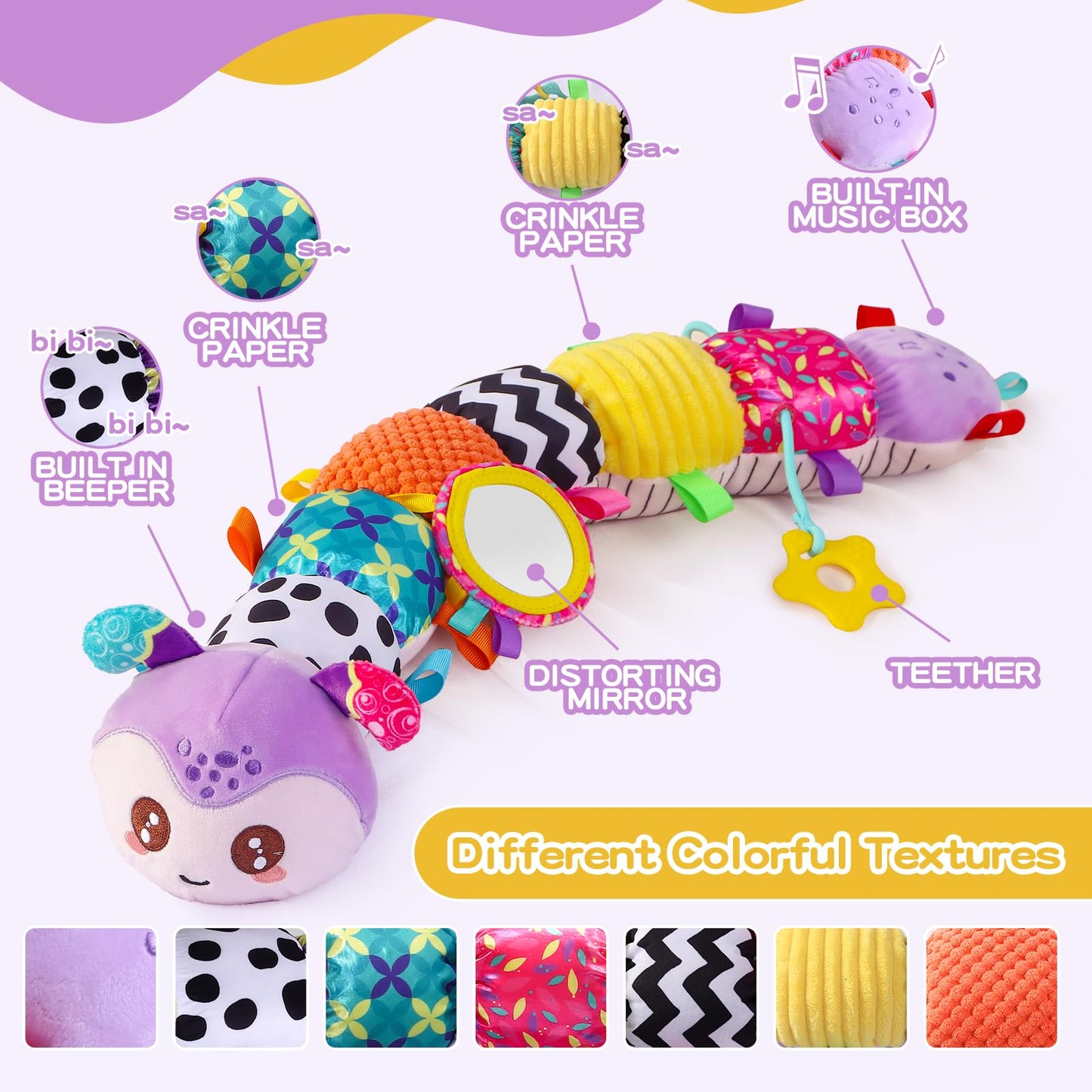 Baby Toys 0-6 Months, Musical Toys for Purple Caterpillar, Infant Stuffed Animal Soft Sensory Toys with Crinkle、 Rattles and Textures, Tummy Time Toys for Newborn Boys Girls 0 3 6 12 Months