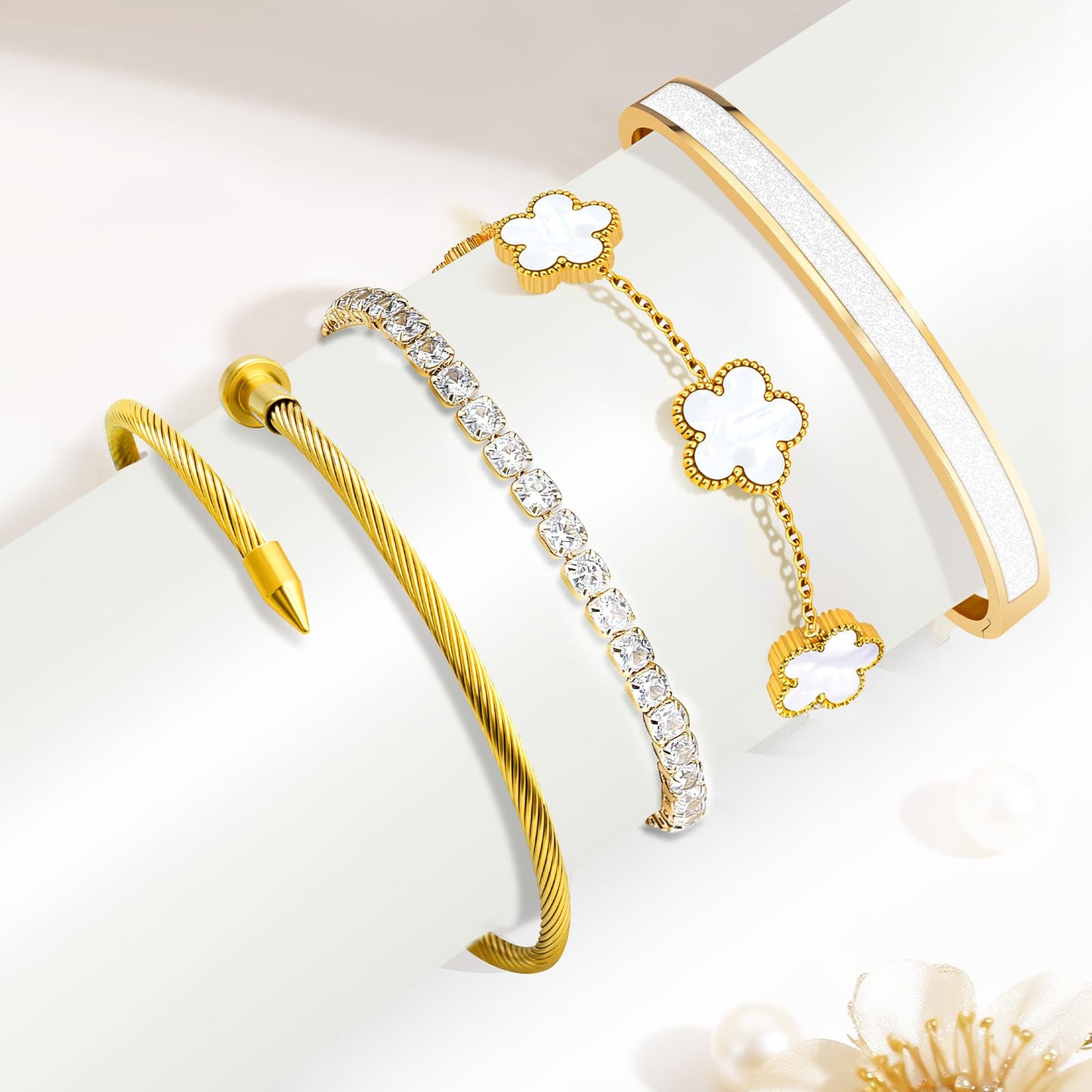 MOINSPIRE 18K Gold Plated Bracelets for Women, Stainless Steel Four Leaf Clover Tennis Nail Love Bangle Bracelets Set, Trendy Stackable Twist Cuff Bracelet Non Tarnish Jewelry Gifts for Christmas