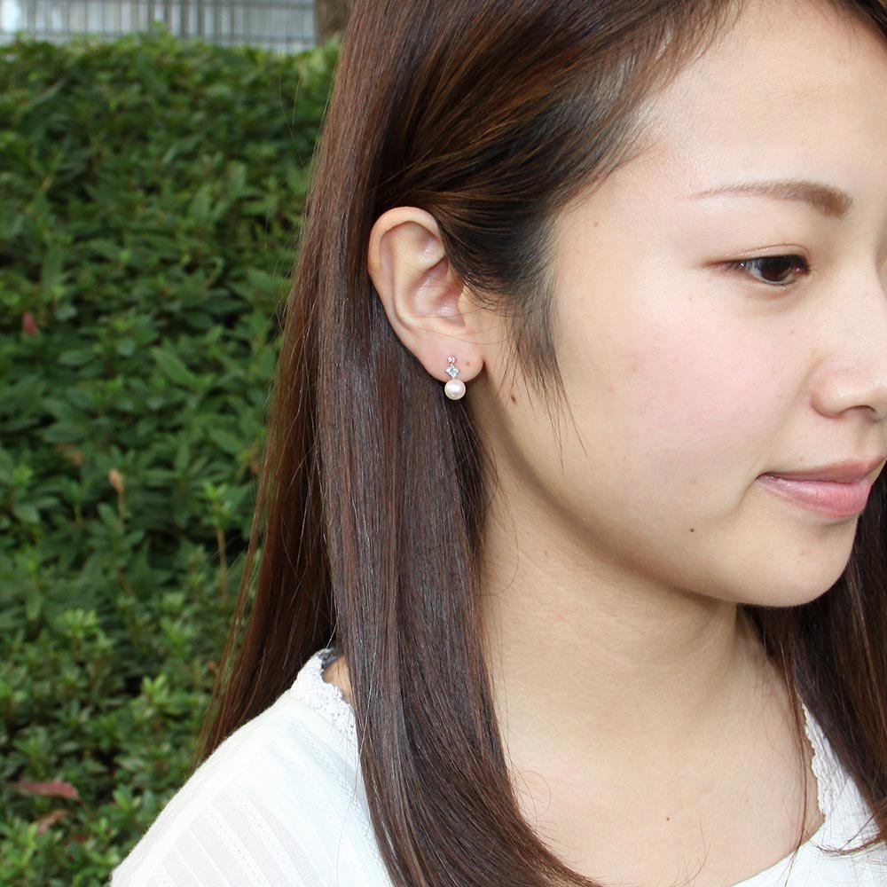 Japanese 6.0mm Akoya Cultured Pearl with Aquamarine and Pink Tourmaline Earrings for Women with 18K Rose Gold | Stylish Design Excellent Gift | Pearl Earrings