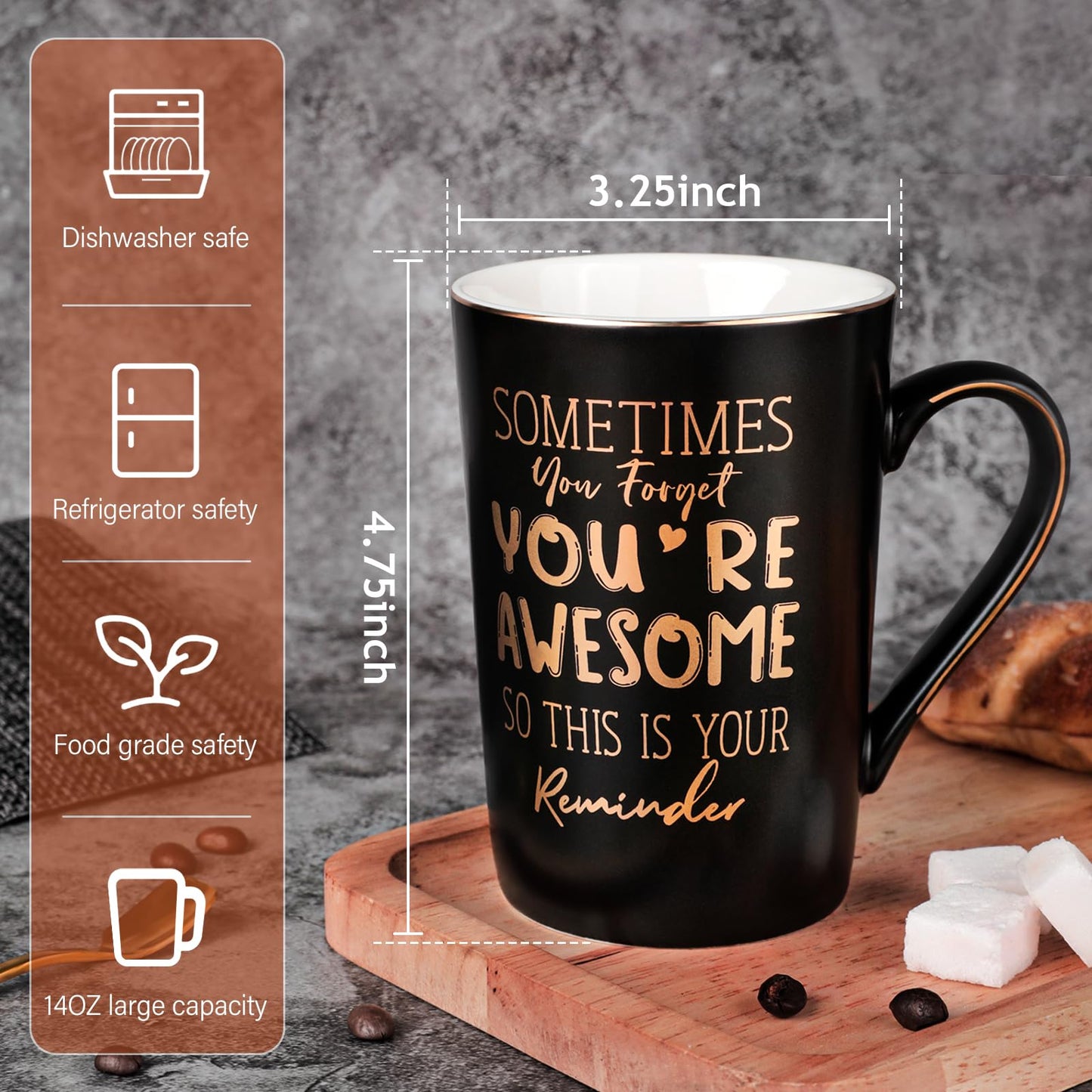 Anniversary Birthday Thank You Gifts for Men, Sometimes You Forget You're Awesome - 14oz Unique Black Ceramic Inspirational Mug with Gold Print, Funny Valentines Day Presents for Boyfriend Husband Him