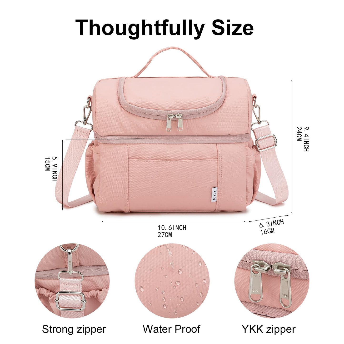 NOL Natural Organic Lifestyle Adult Lunch Box Insulated Lunch Bag Large Dual Compartment Lunch Bag Coolers Lightweight Nylon Waterproof Lunch Box for Work, Picnic, Travel, Outdoors, Pink