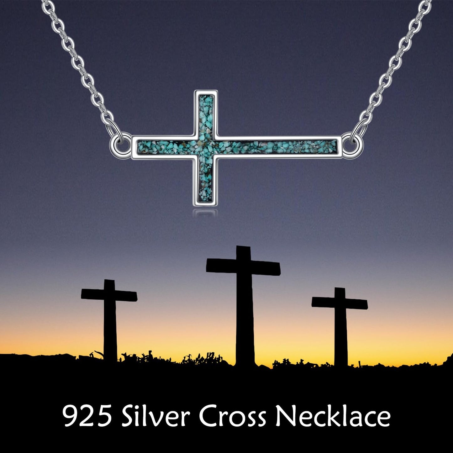 YFN Sideways Cross Necklace Sterling Silver Turquoise Cross Pendant Jewelry Gifts for Women Men